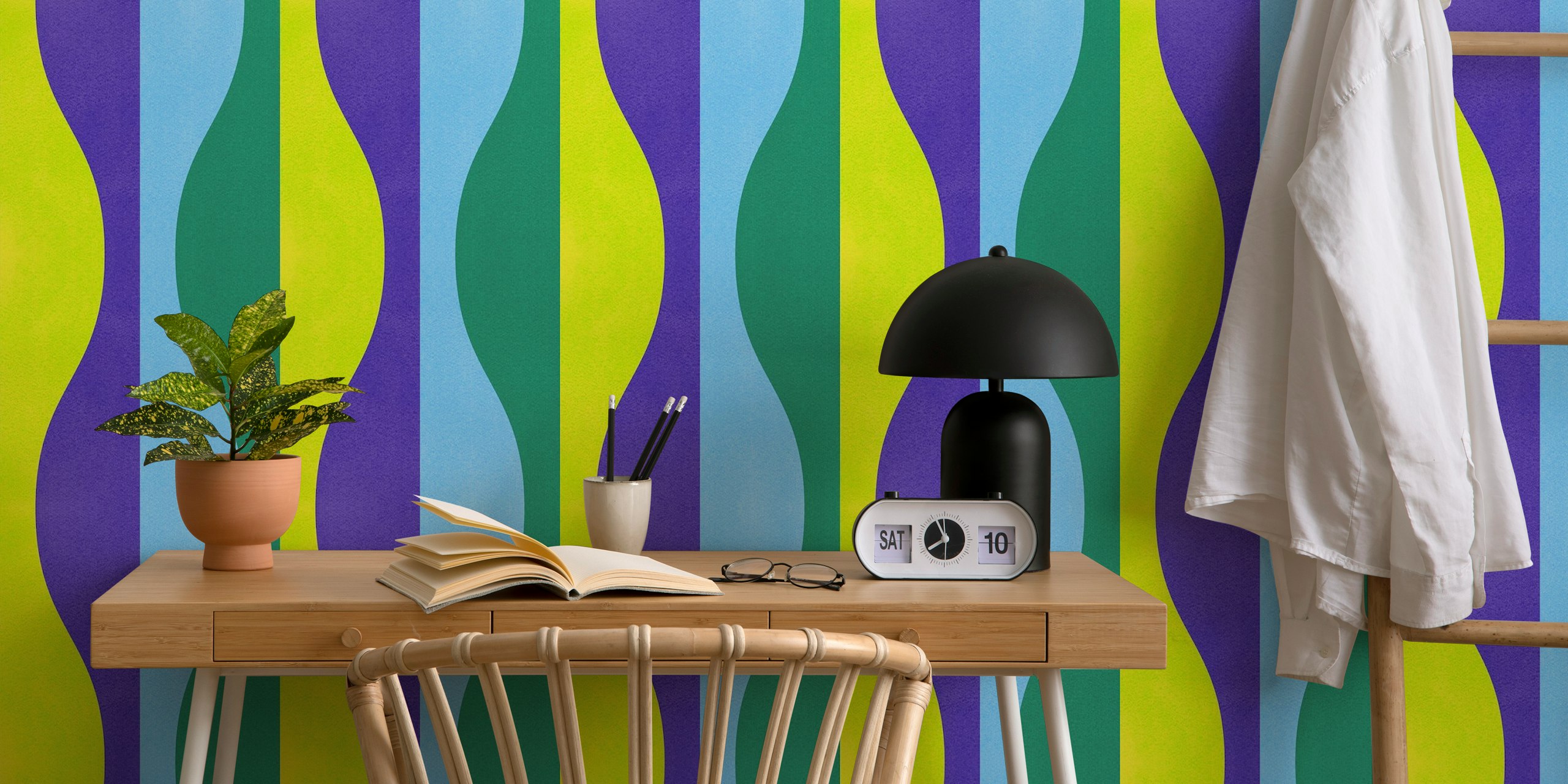Bold Retro Geometric Moroccan Abstract Wall Mural in Blue Yellow Green