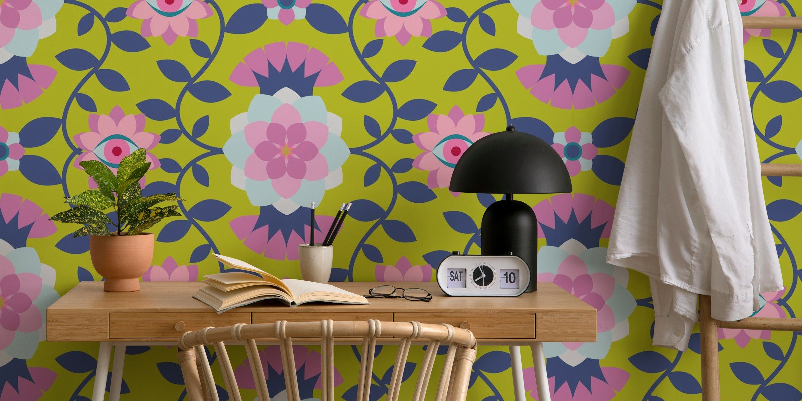 Bold Exotic Floral Pink Lime Blue wall mural with vibrant flowers and leaves pattern
