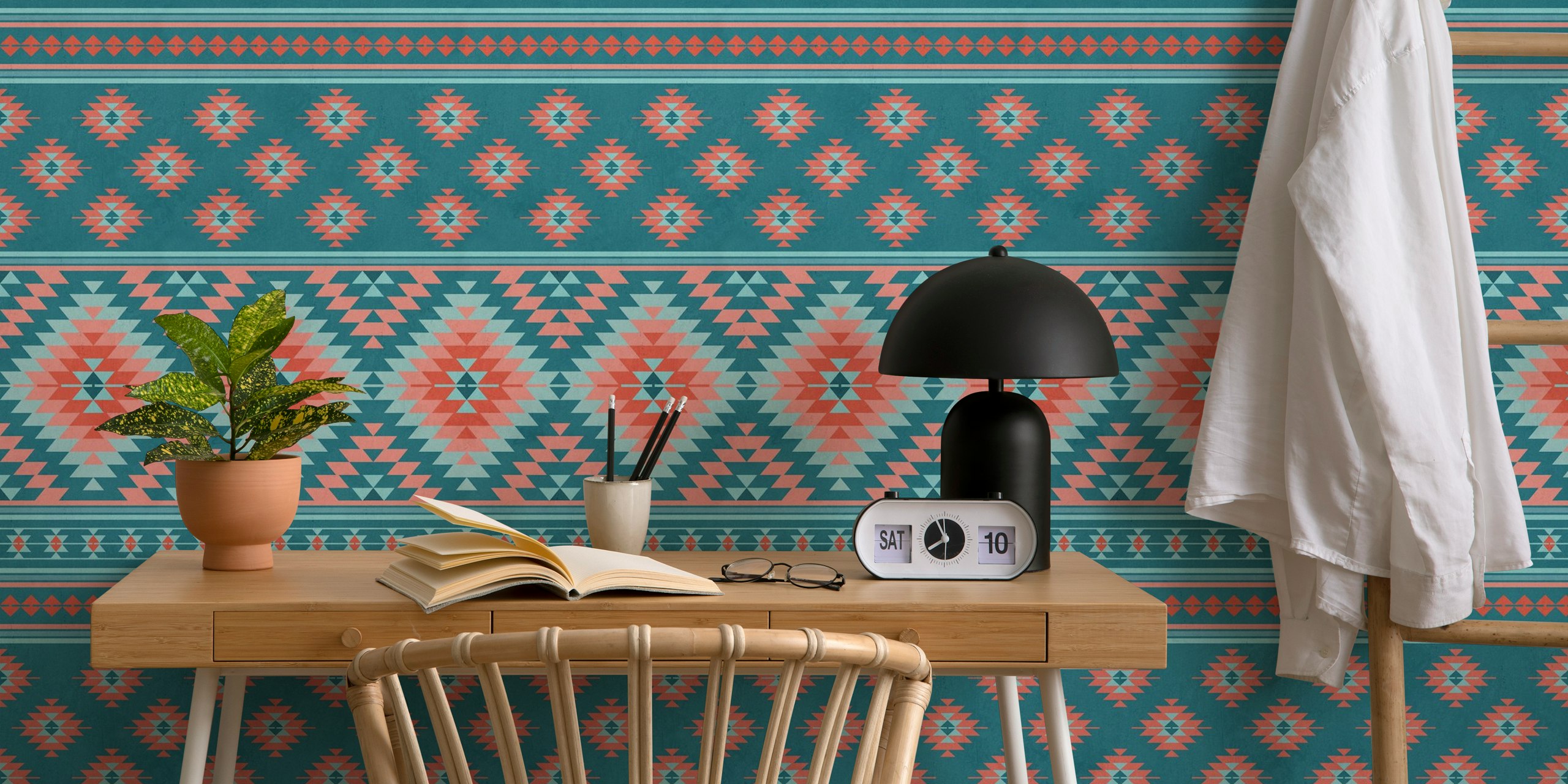 Kilim stripes wallpaper in teal and coral
