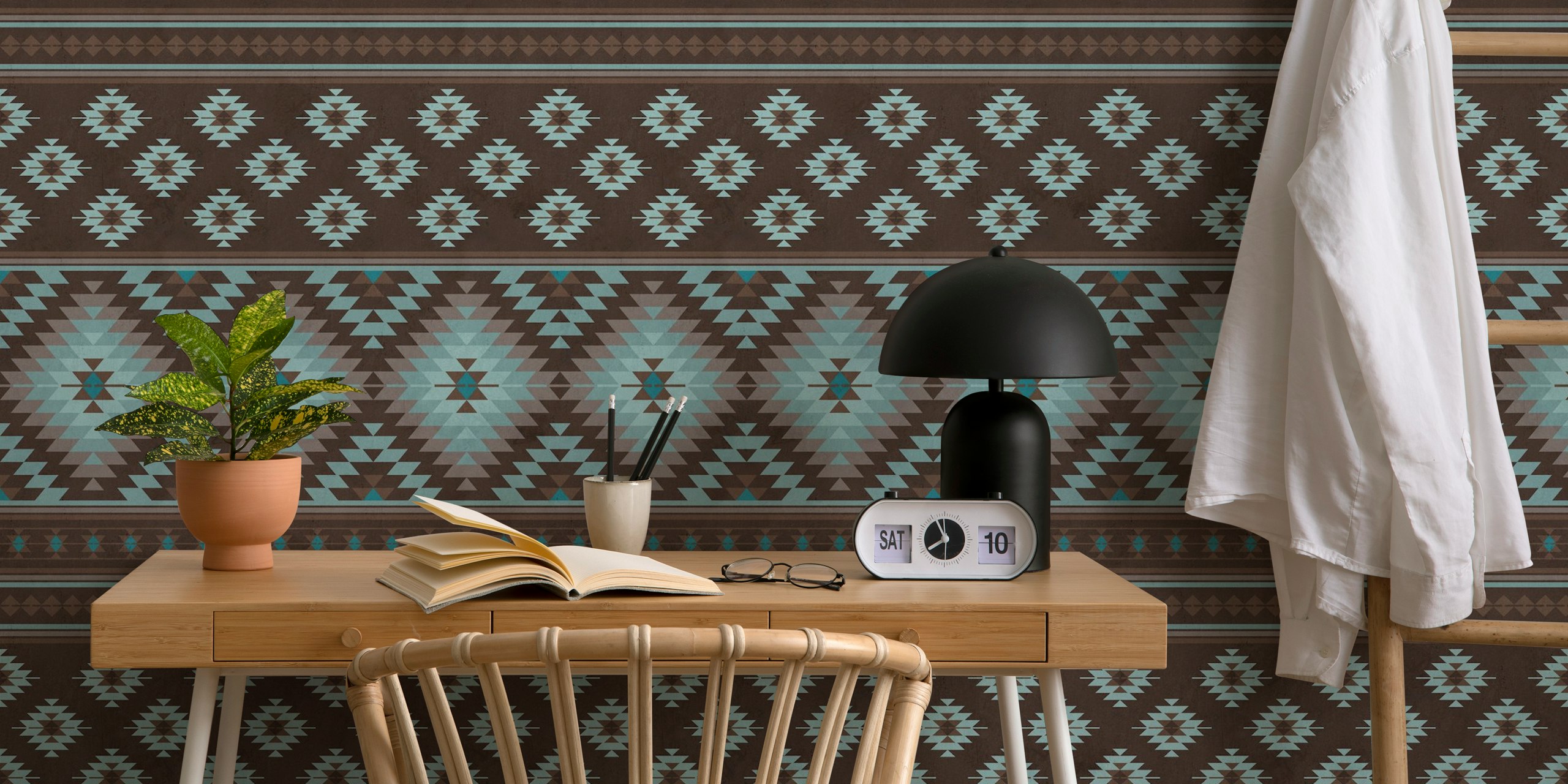 Kilim stripes in brown and blue wallpaper in a room