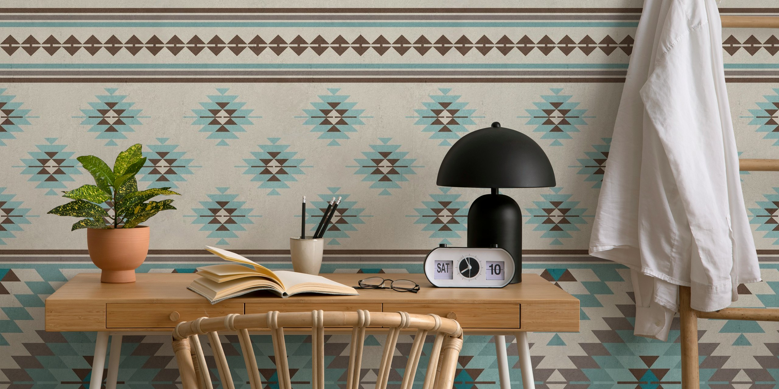 Papier peint mural à motif kilim traditionnel en beige, bleu et marron