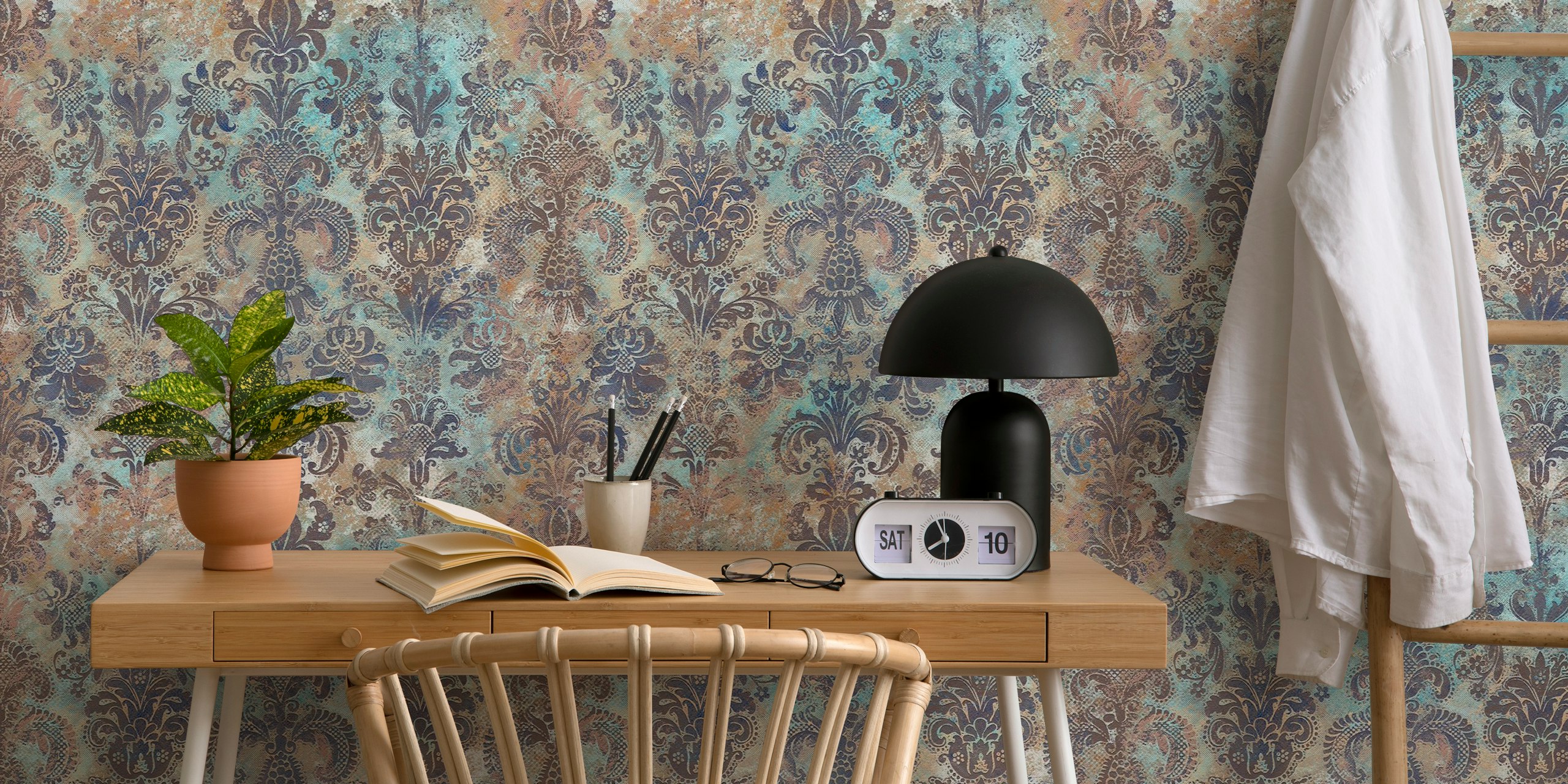 Intricate grunge damask pattern in mauve and blue wallpaper