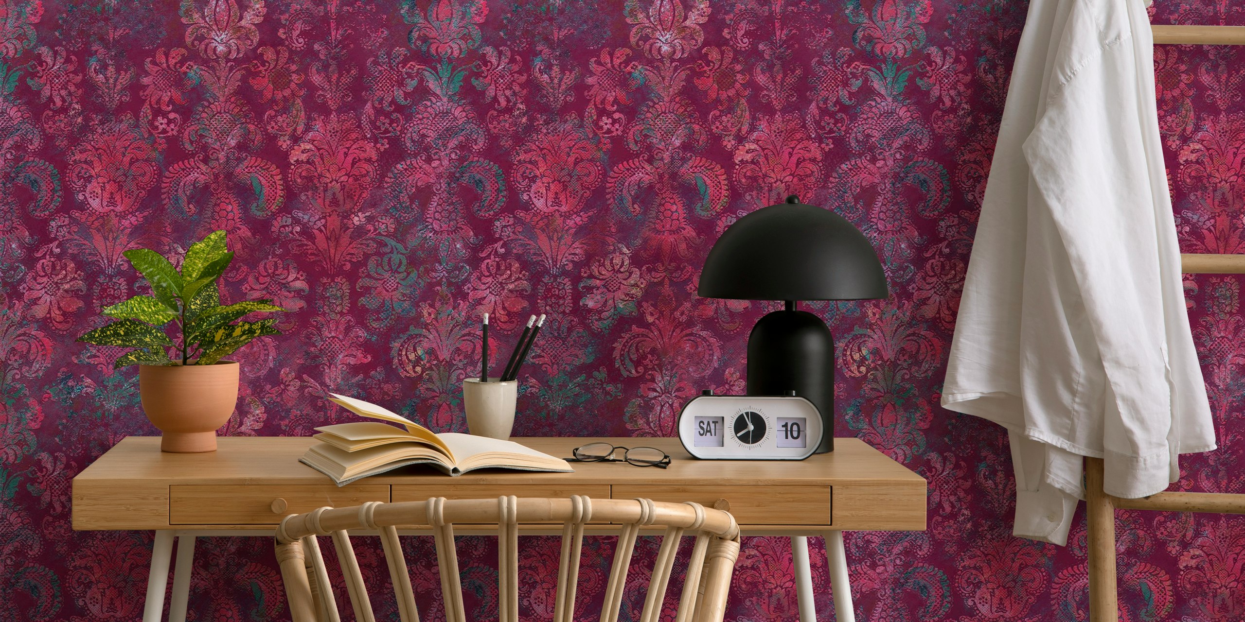 Grunge Damask Pattern in Burgundy Emerald