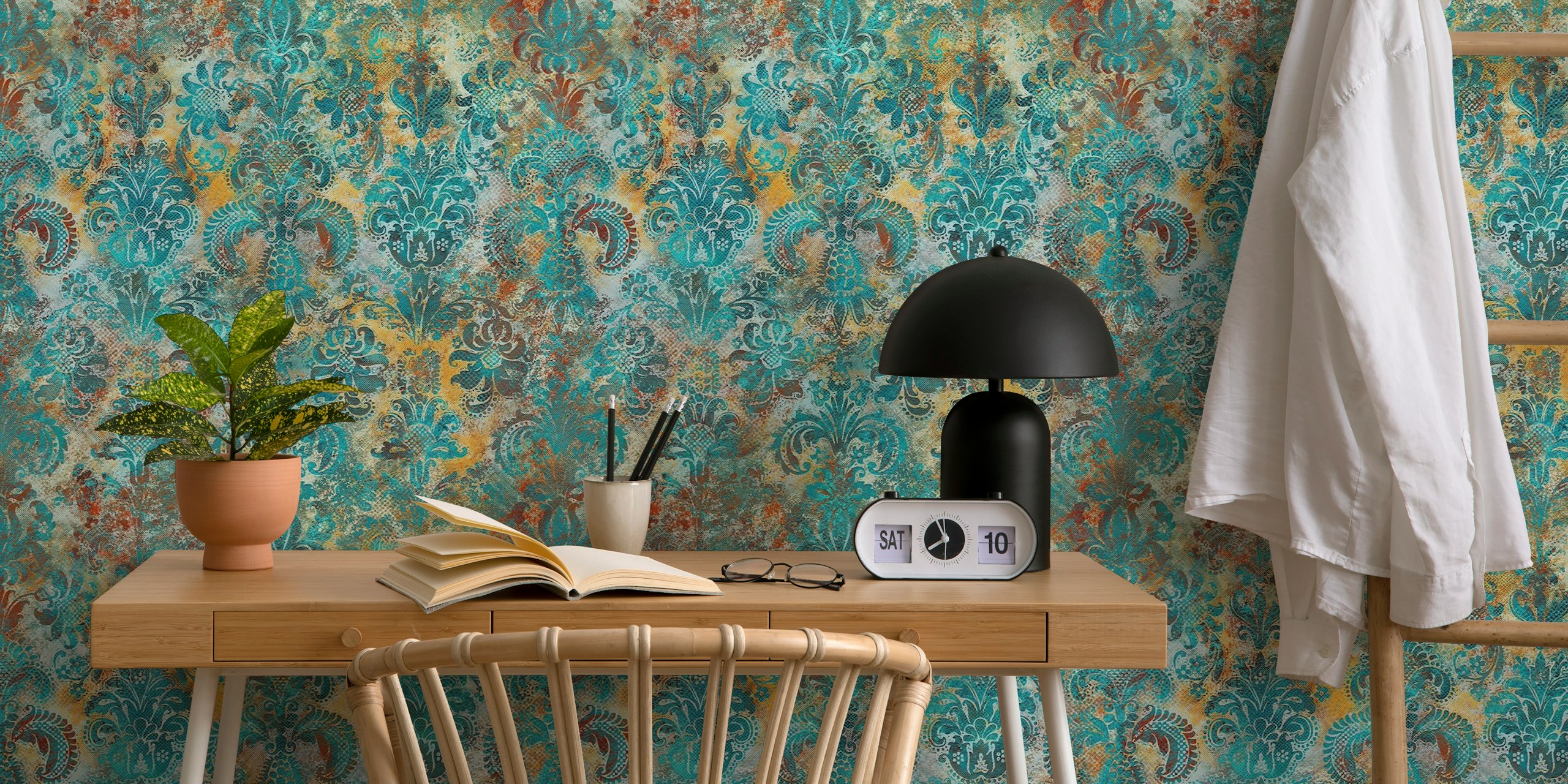 Grunge damask pattern tiffany mustard tapet