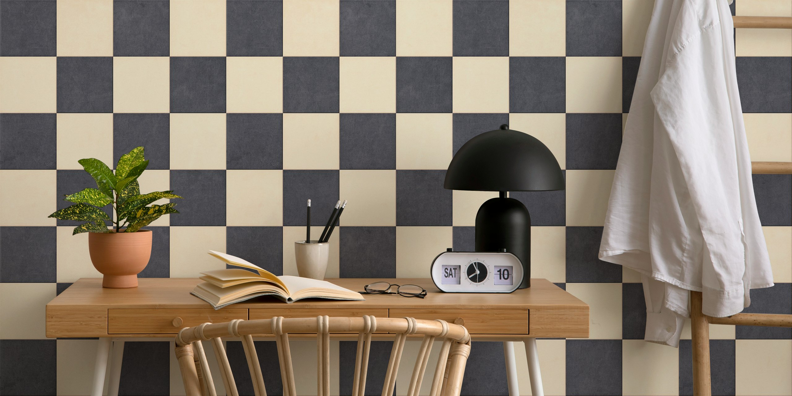 Checkerboard pattern in black and beige wallpaper