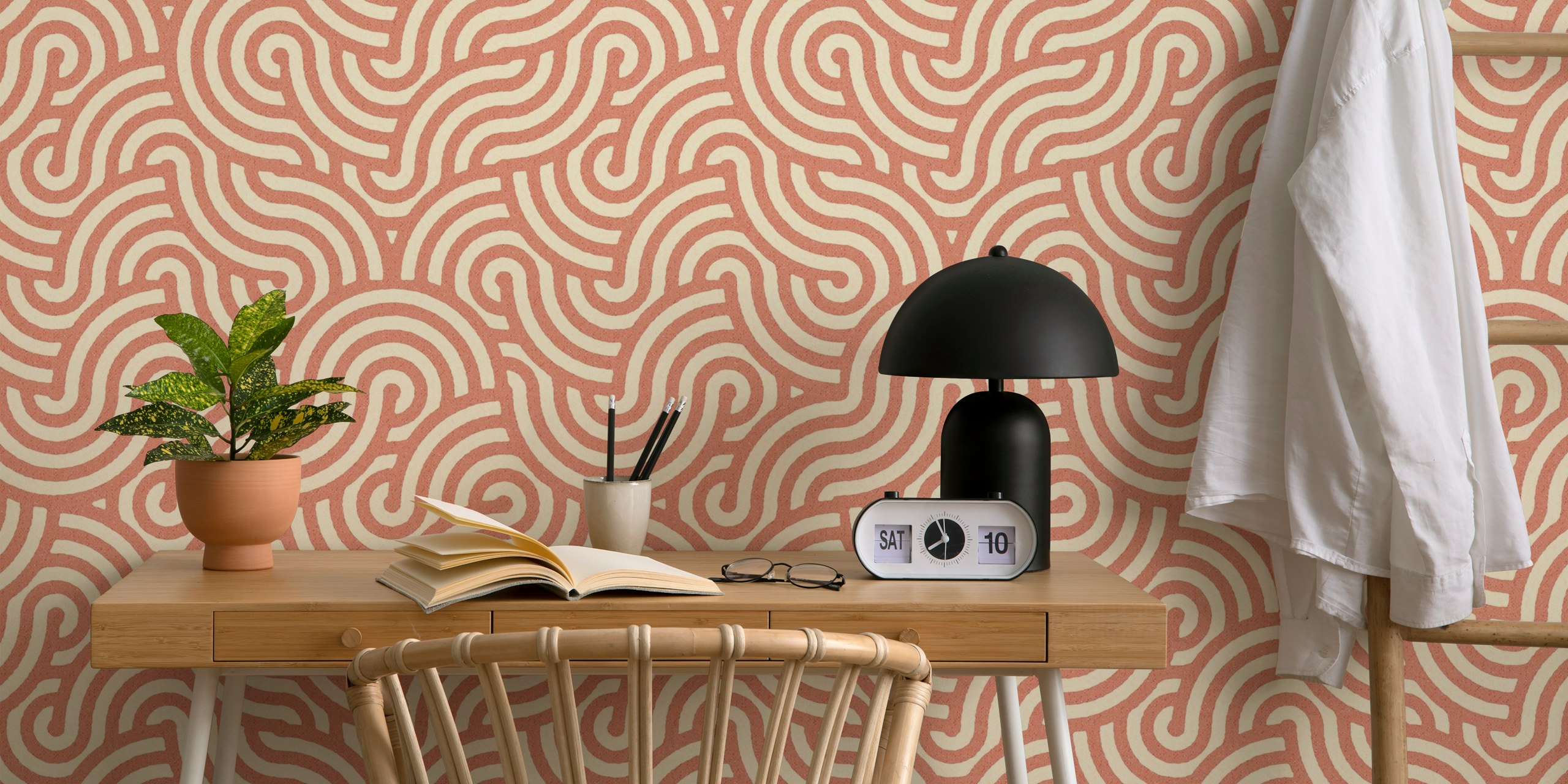 Abstract swirl pattern in cinnamon and cream colors wallpaper