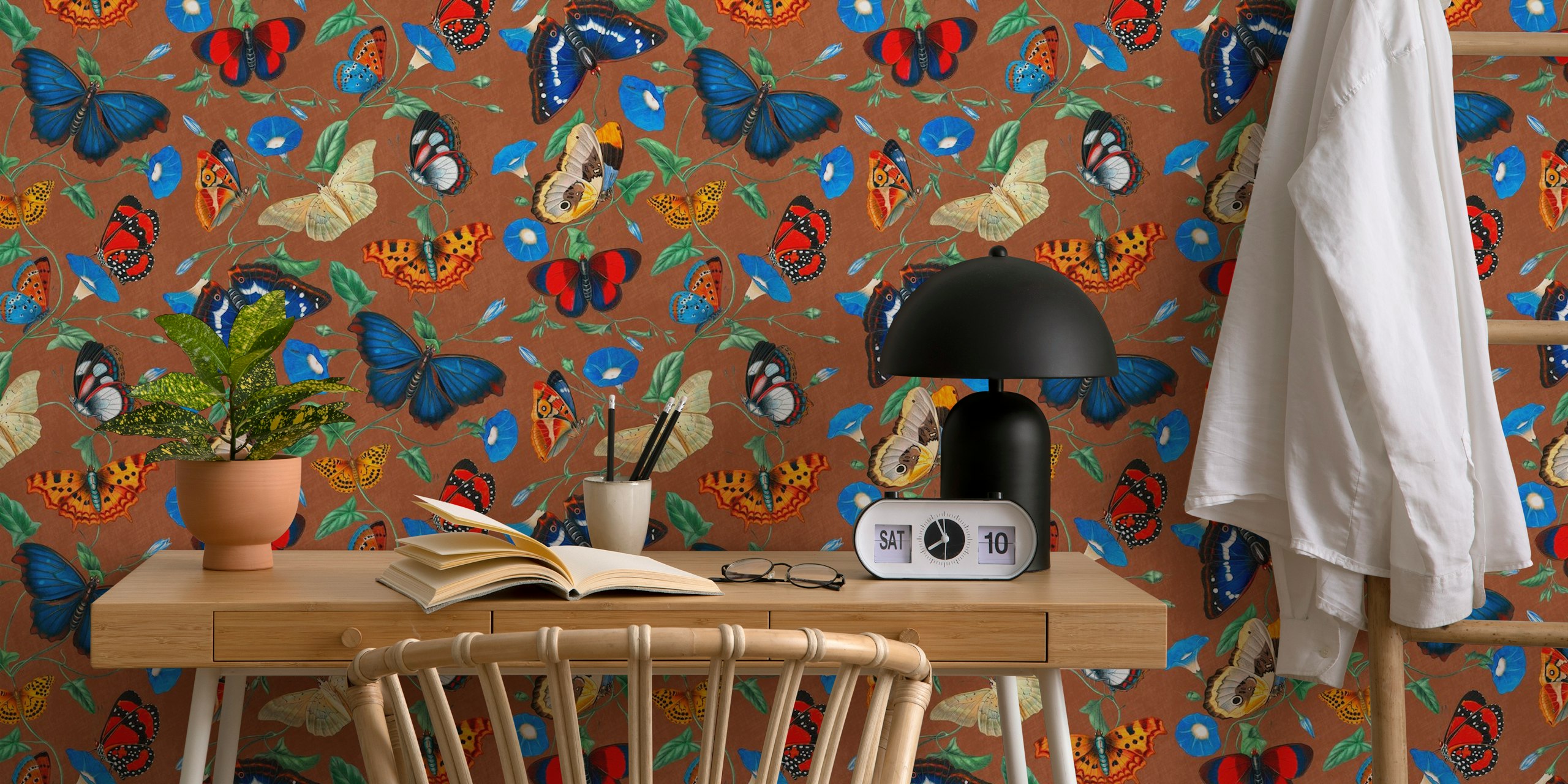 Colorful butterfly wallpaper in a room