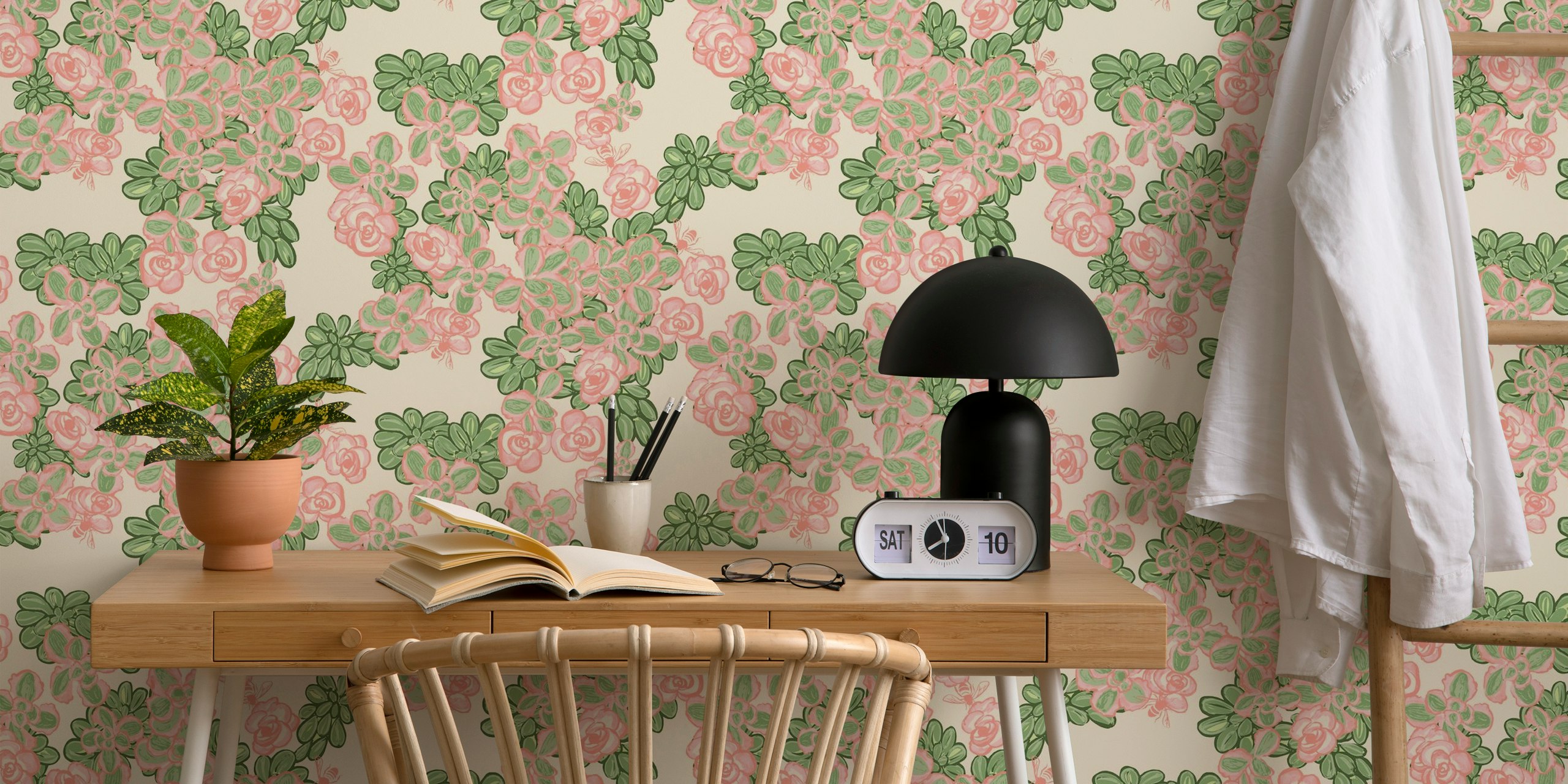Pink and green floral pattern on antique white wallpaper