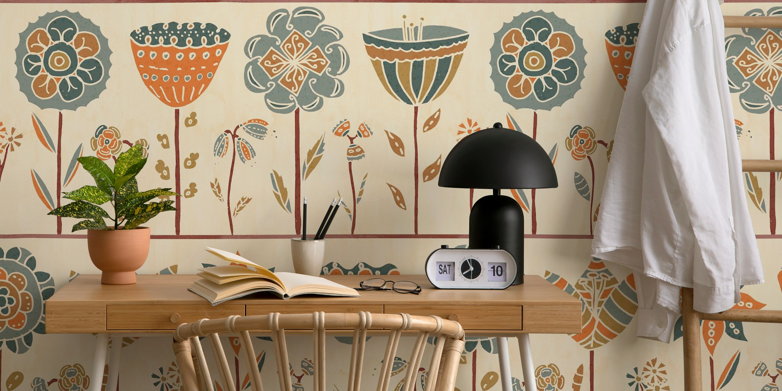 Scandinavian floral garden wallpaper in a room
