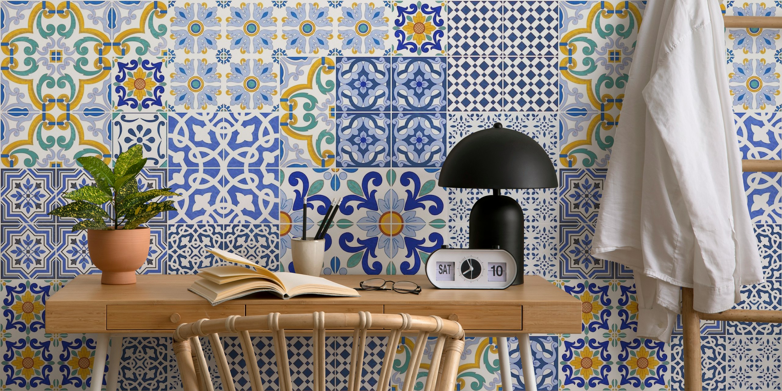 Blue tiles wallpaper in a room setting