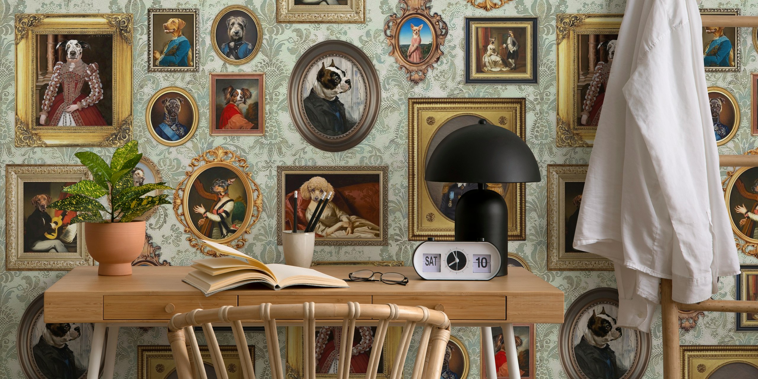 Dog Portraits in vintage frames on a sage mint background wallpaper