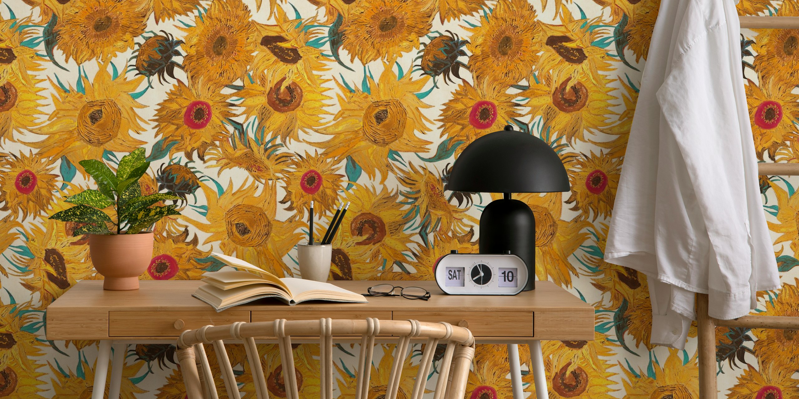 Van Gogh-inspired sunflower pattern wall mural in cream, yellow, aqua, and brown.