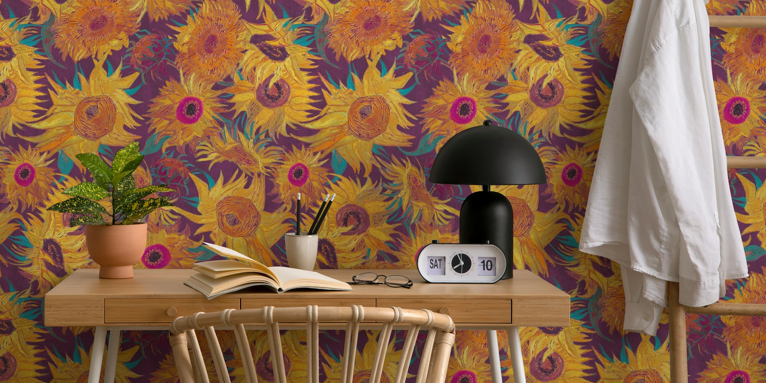 Van Gogh sunflowers wallpaper in a room
