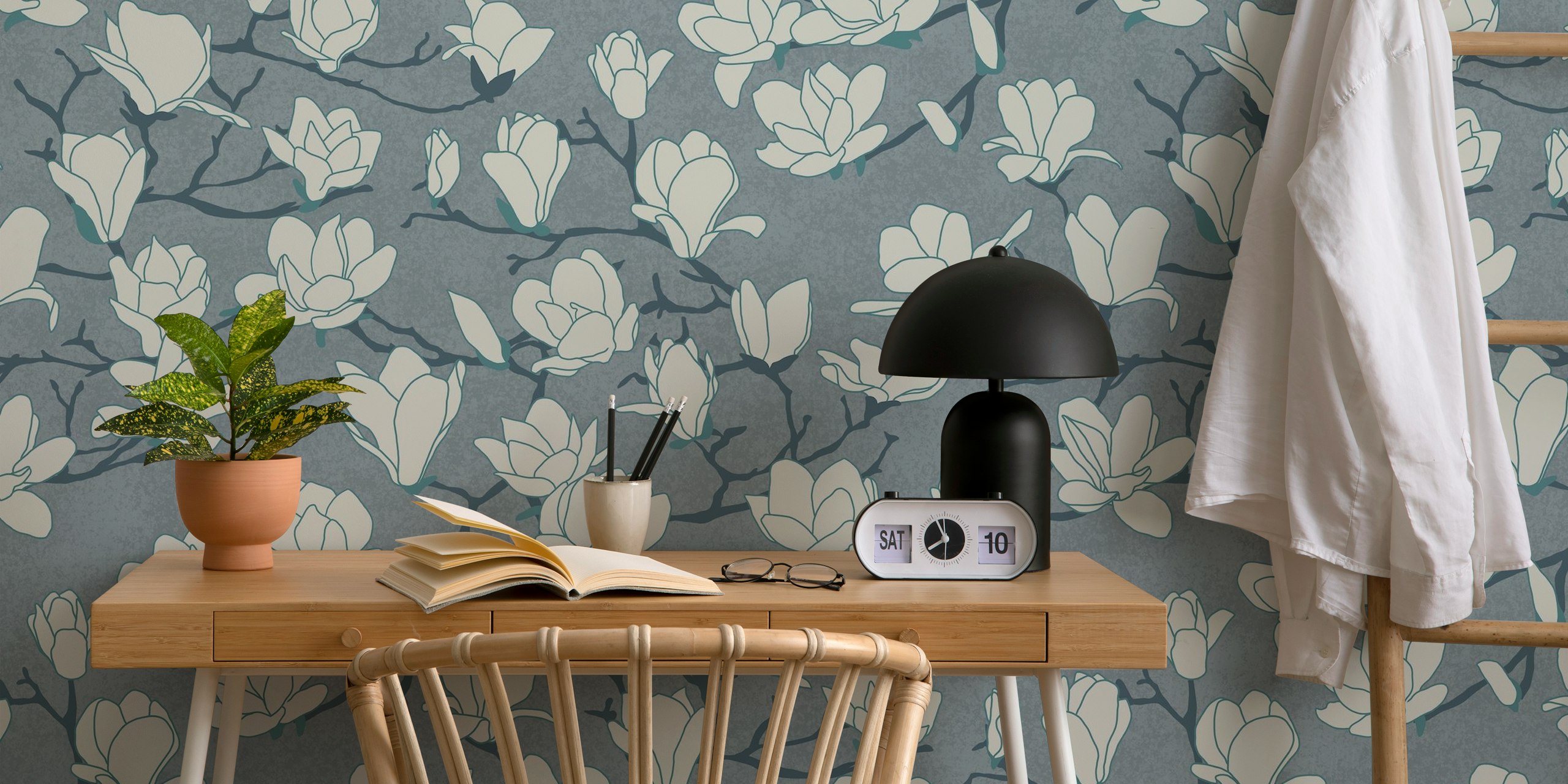 White magnolia blossoms on slate gray background wall mural