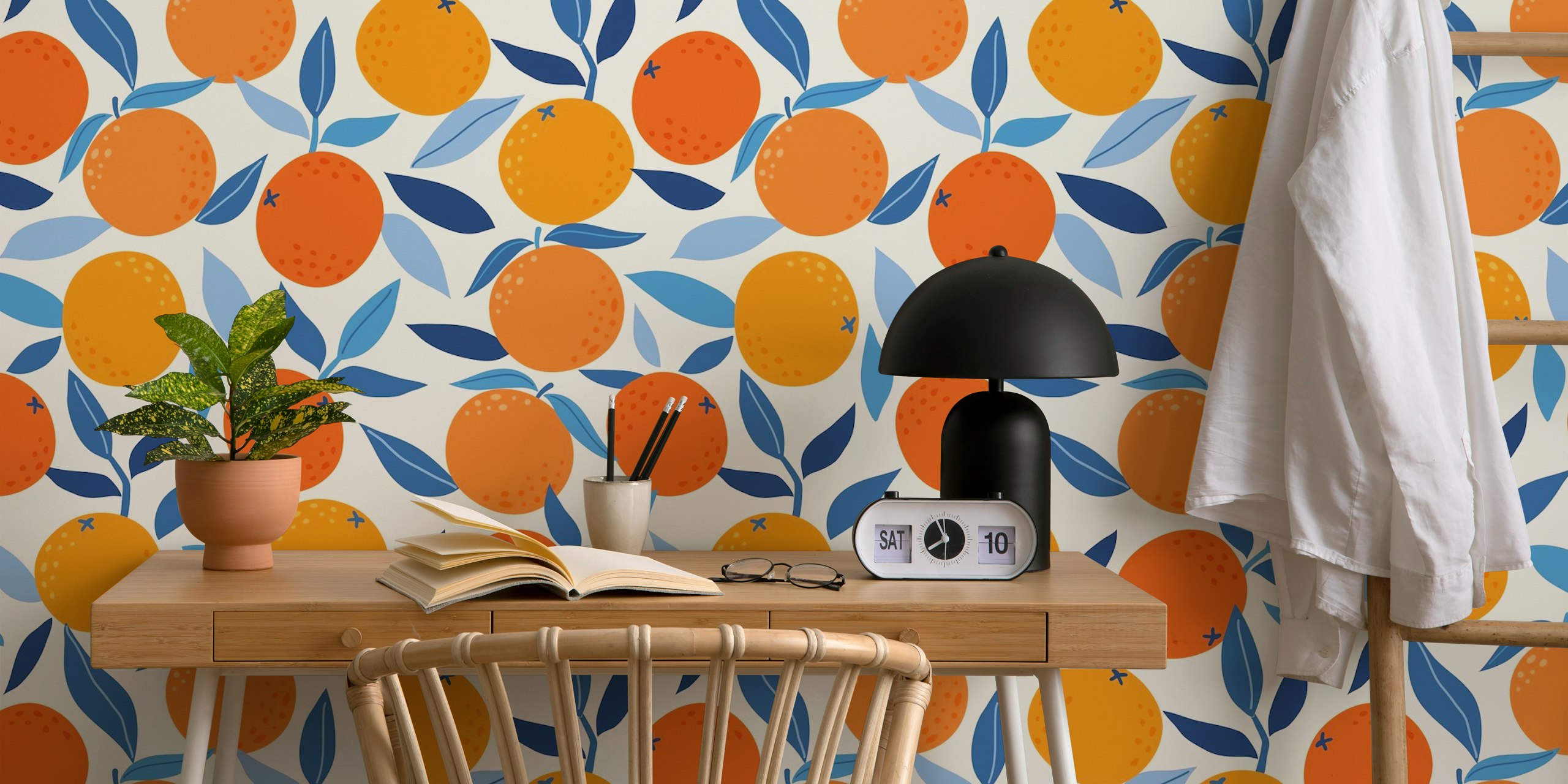 Tropical oranges wallpaper design in a room