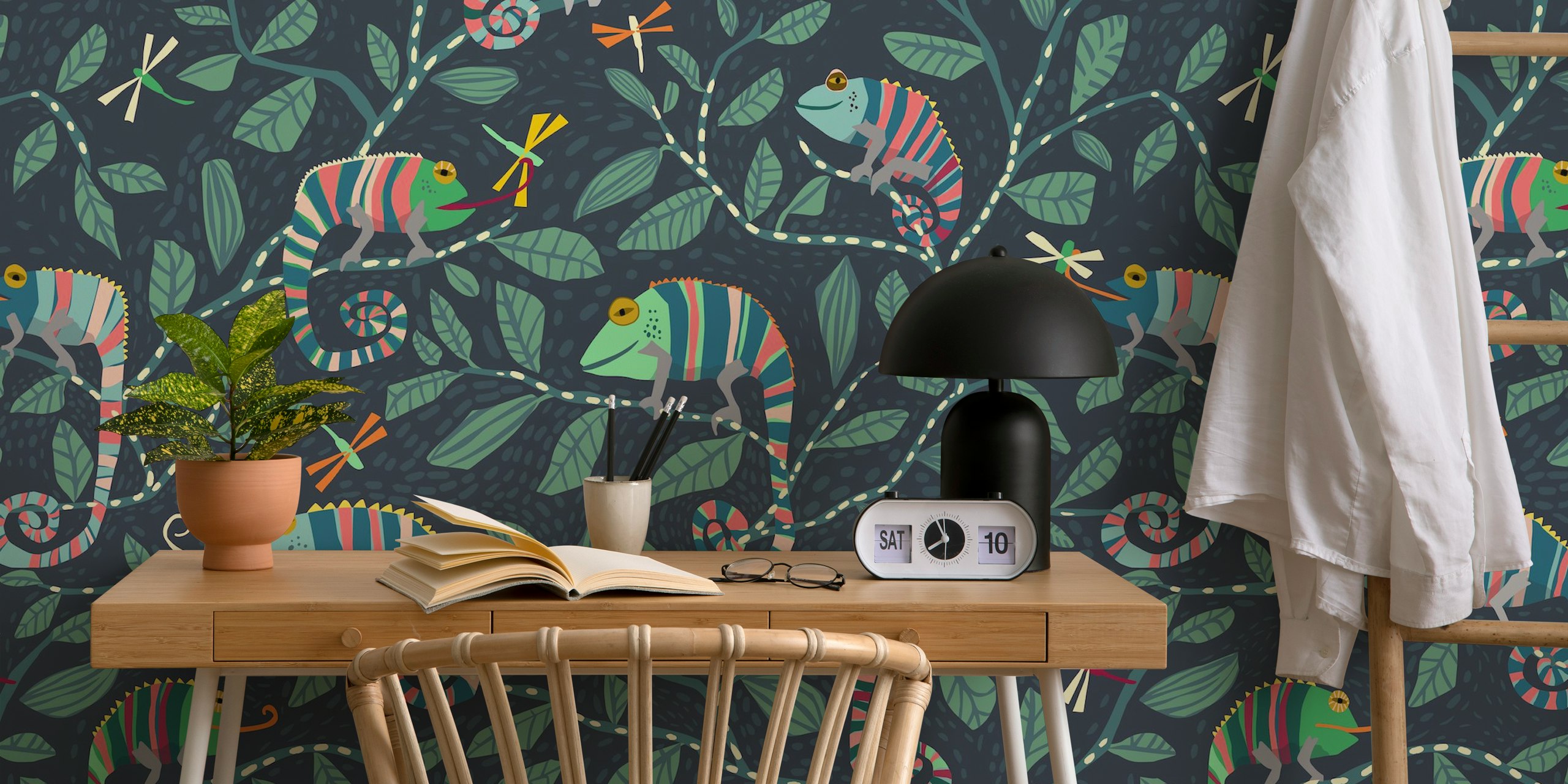 Colorful chameleons on leafy branches pattern wallpaper