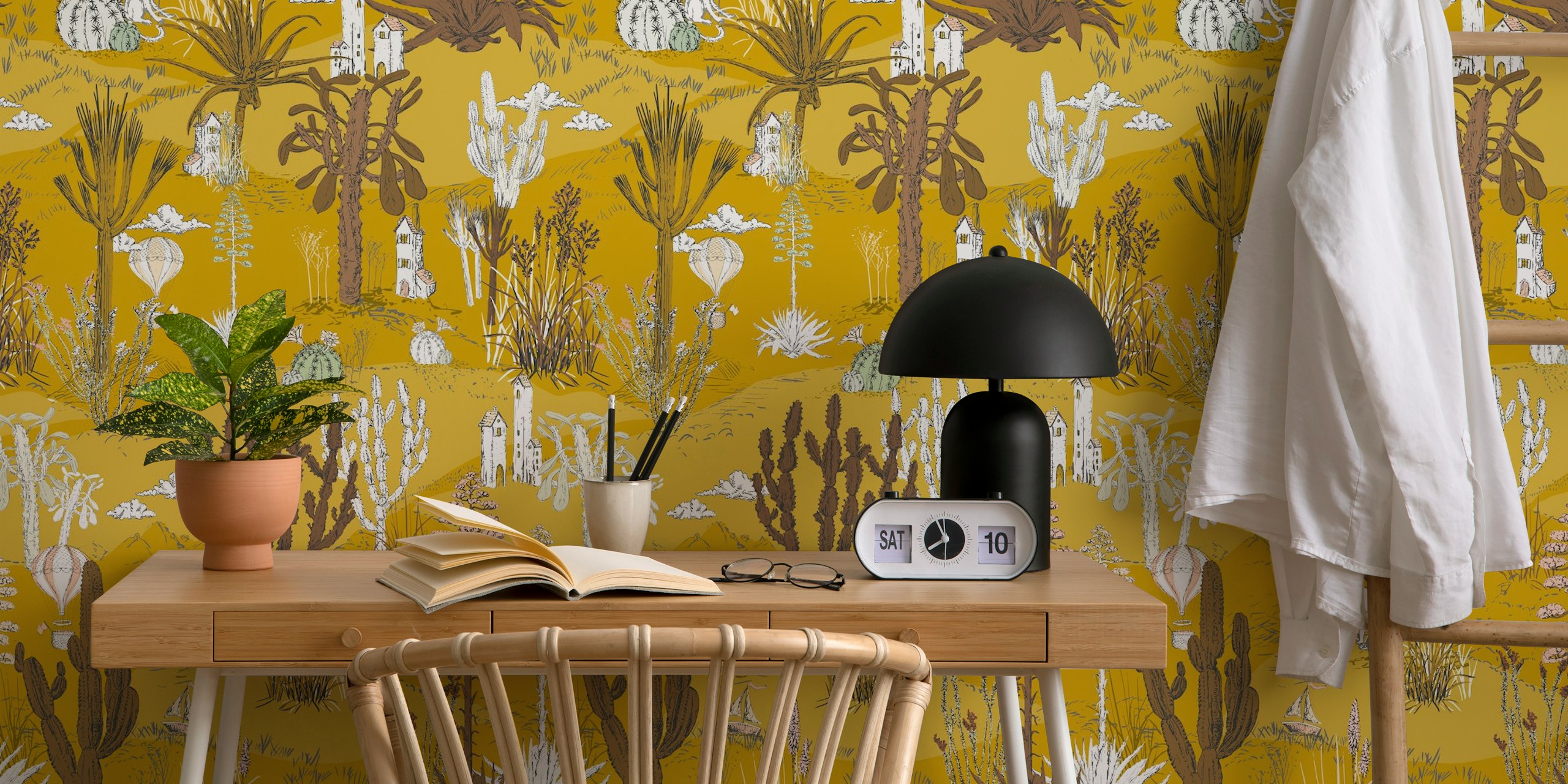 Whimsical cactus landscape wallpaper in mustard yellow