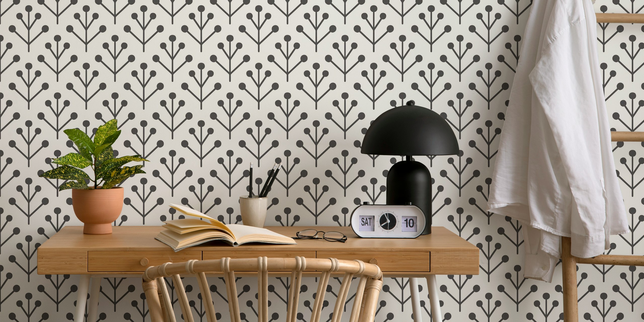 Charcoal branch pattern on beige background wallpaper