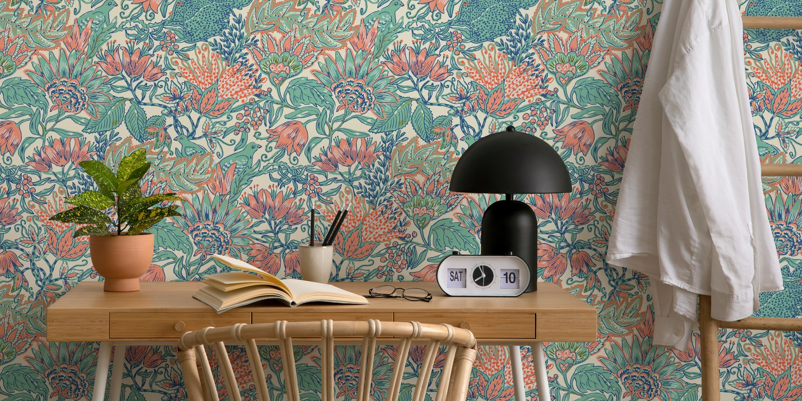 Pastel floral wallpaper in a stylized room display
