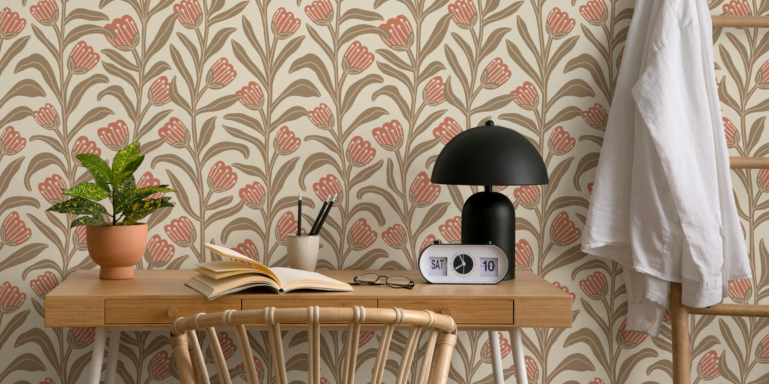 Floral pattern with red flowers and brown leaves on beige wallpaper
