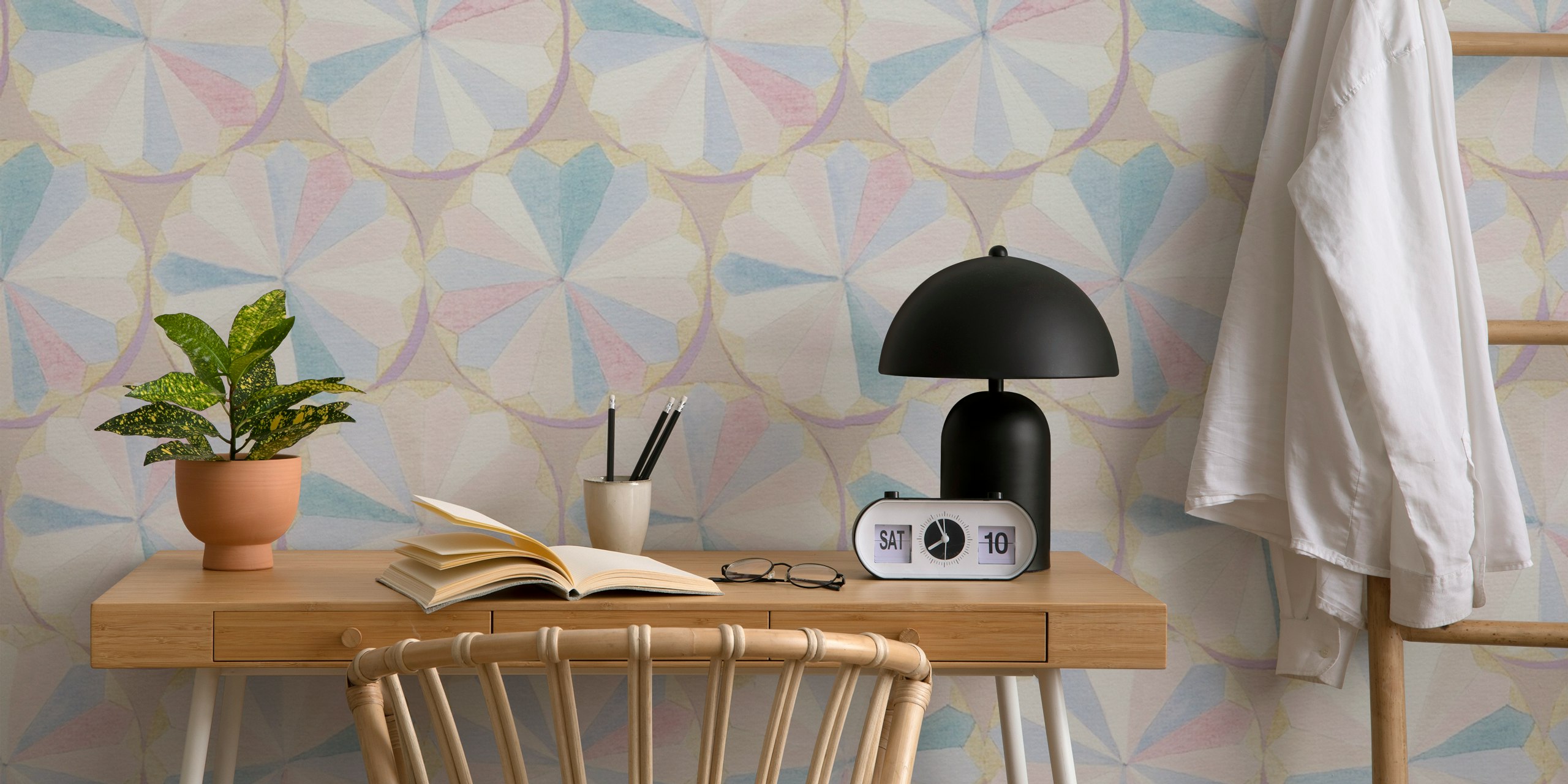 Colorful circular patterns in pastel shades on geometric wallpaper