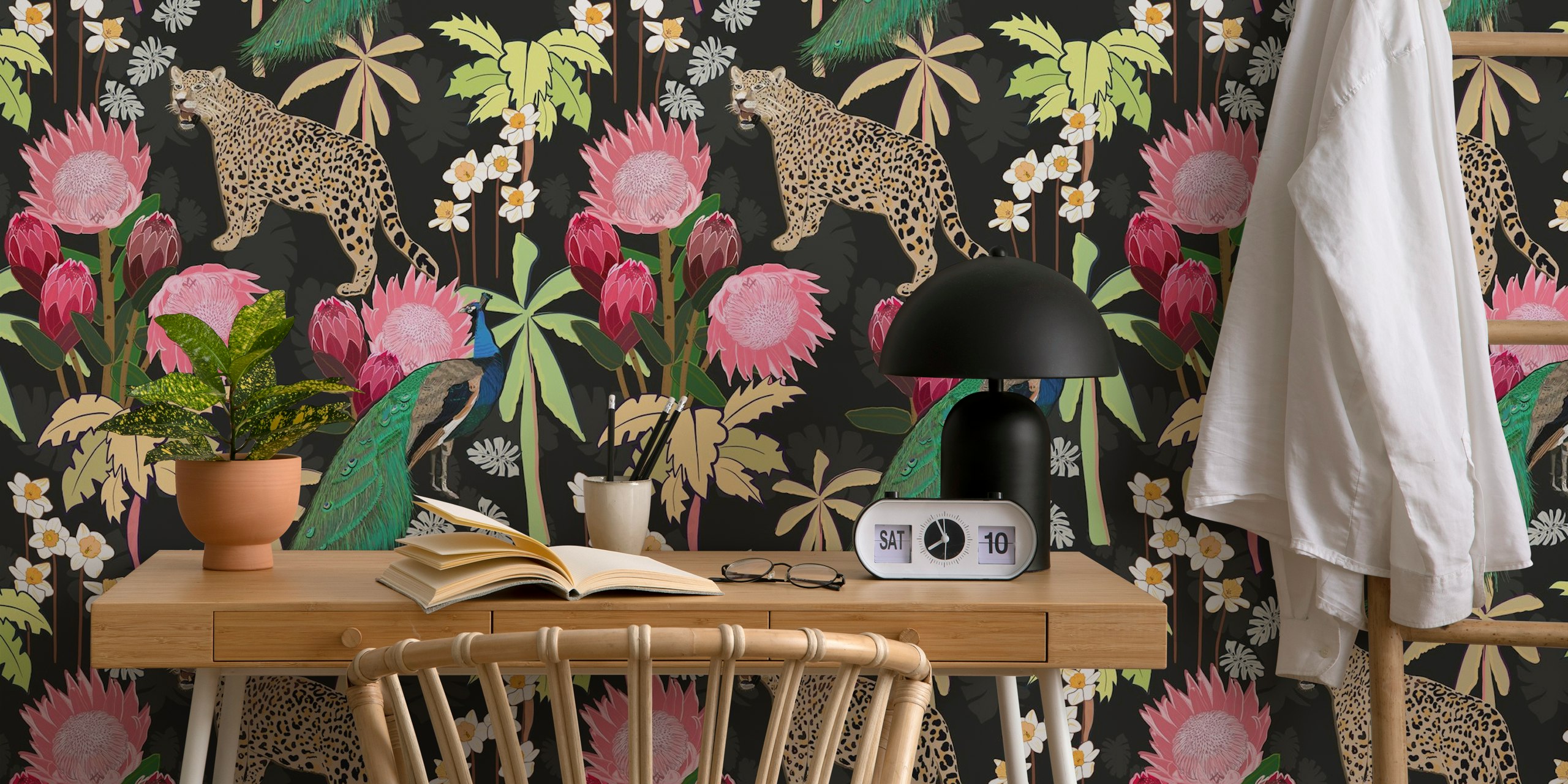 Tiger and peacock among pink tropical flowers and green leaves wallpaper