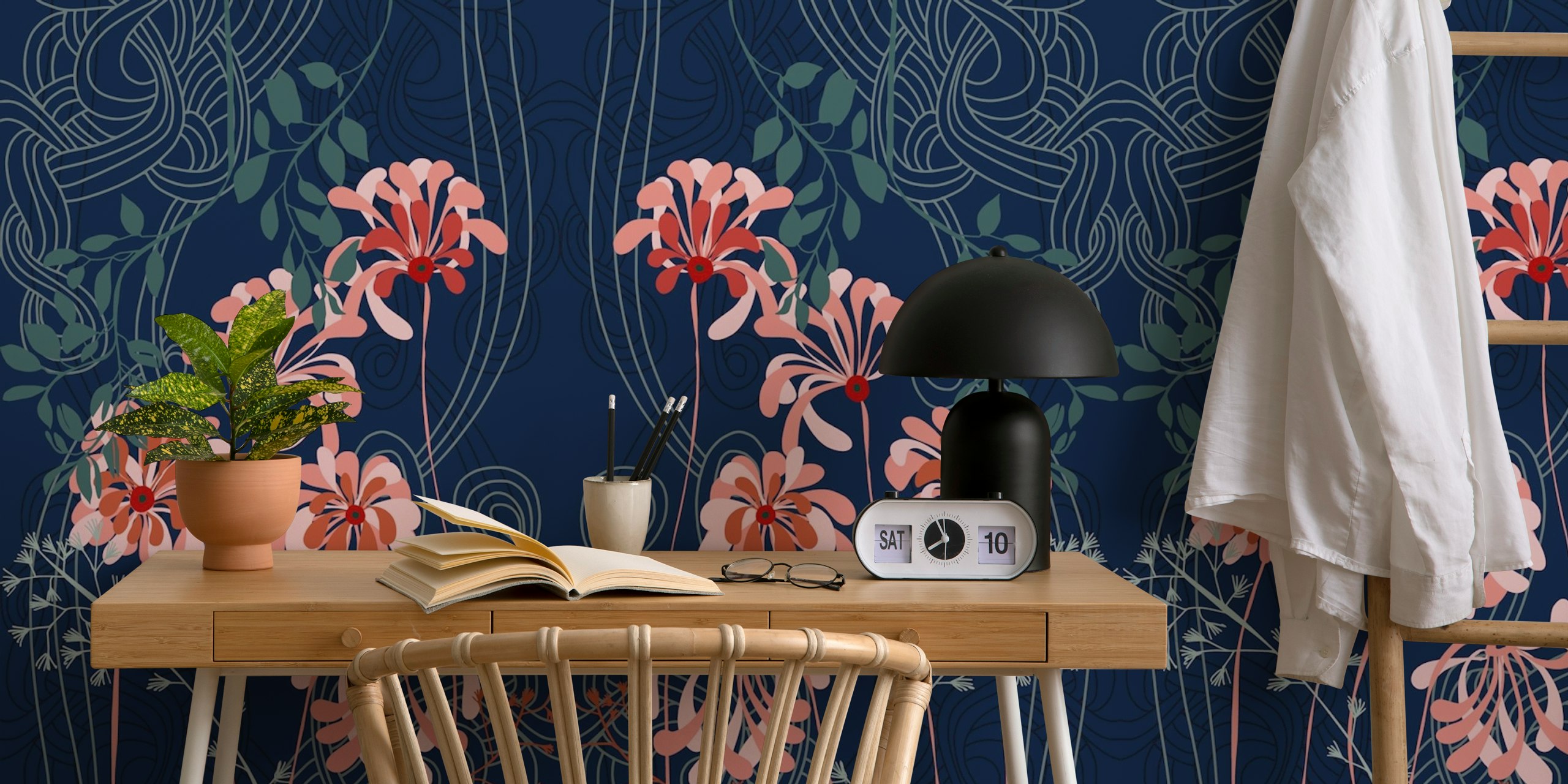 Fleurs roses et vertes sur fond bleu foncé, style Art Nouveau wallpaper