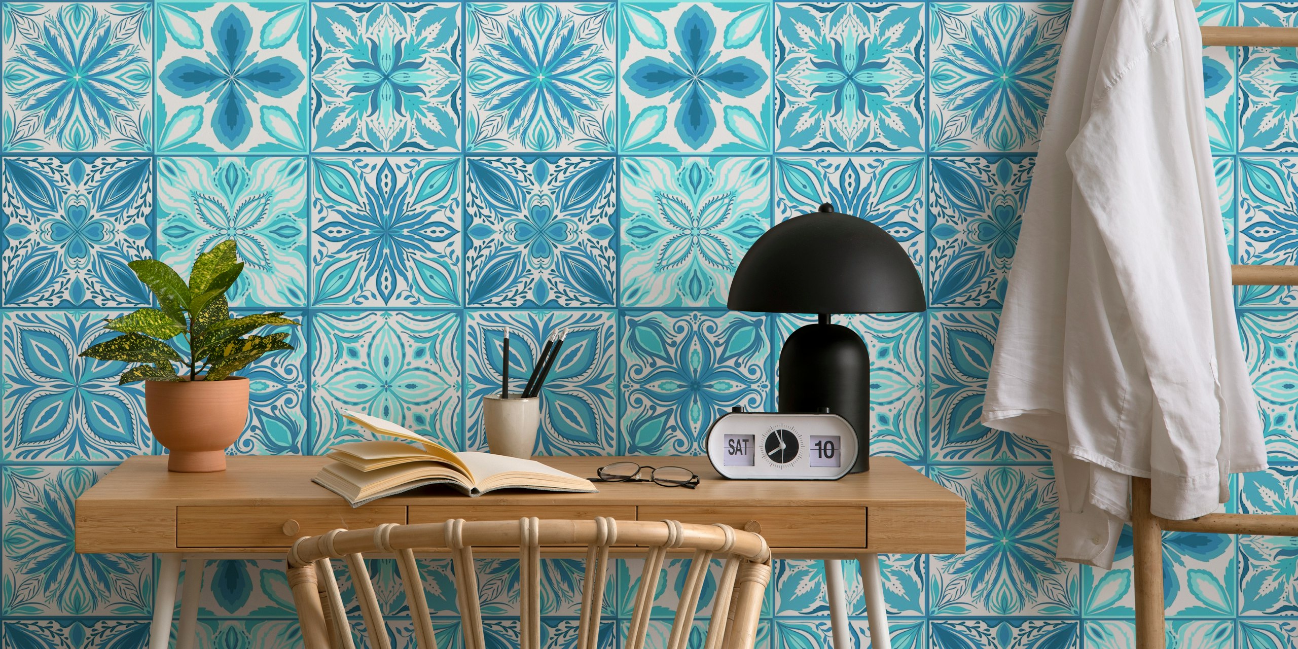 Ornate blue and white tile wallpaper in a room