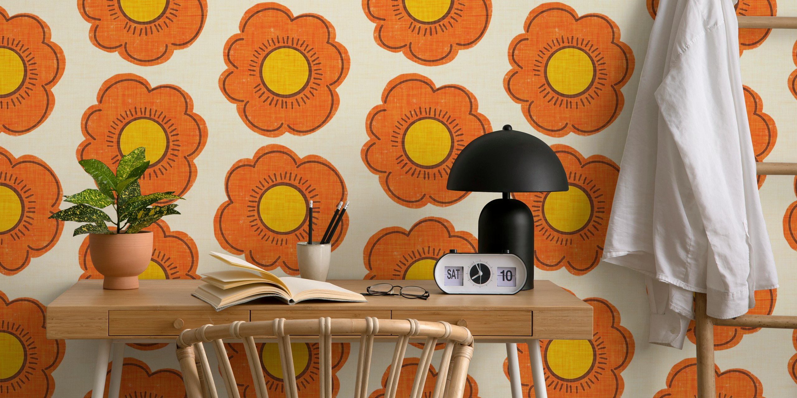 Retro 70s style flower pattern wall mural in beige, orange, and yellow