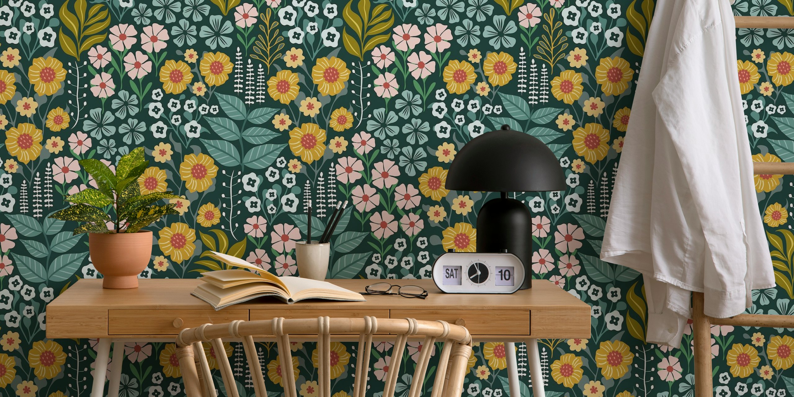 Midnight botanical floral garden dark green wallpaper