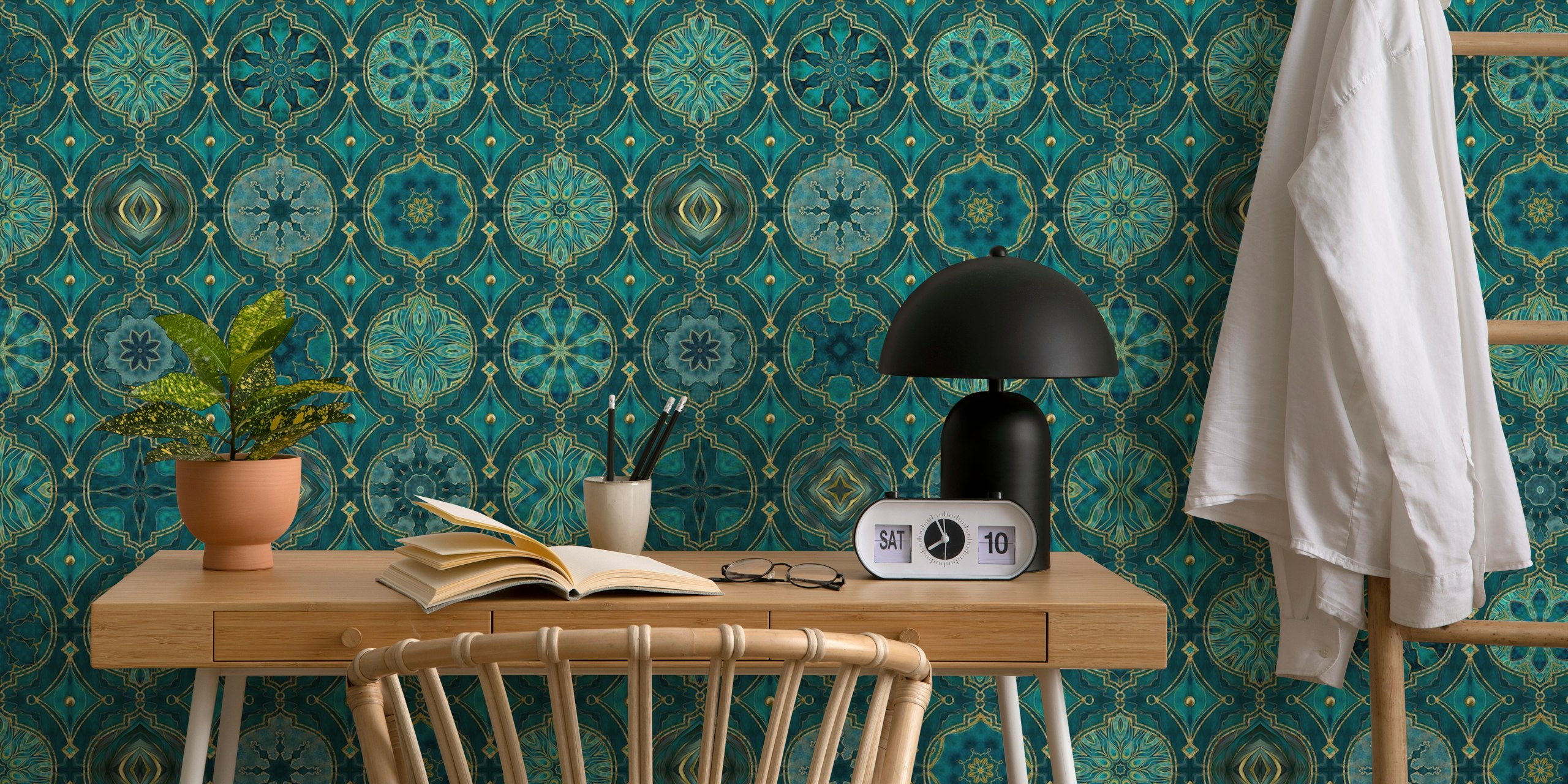 Moroccan teal tile pattern wall mural with gold accents