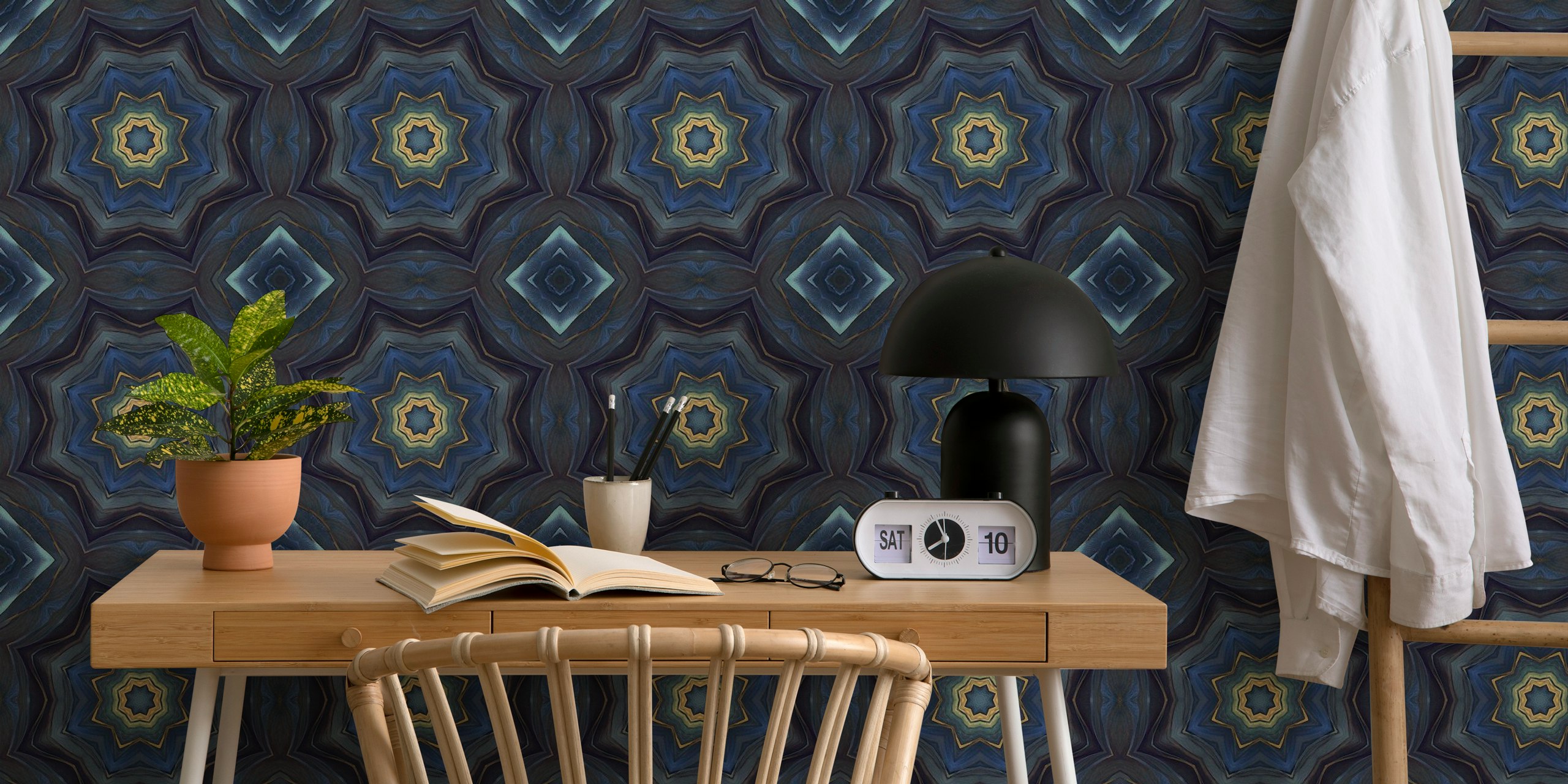 Artisanal Mediterranean Tile Blue Gold wall mural with intricate patterns