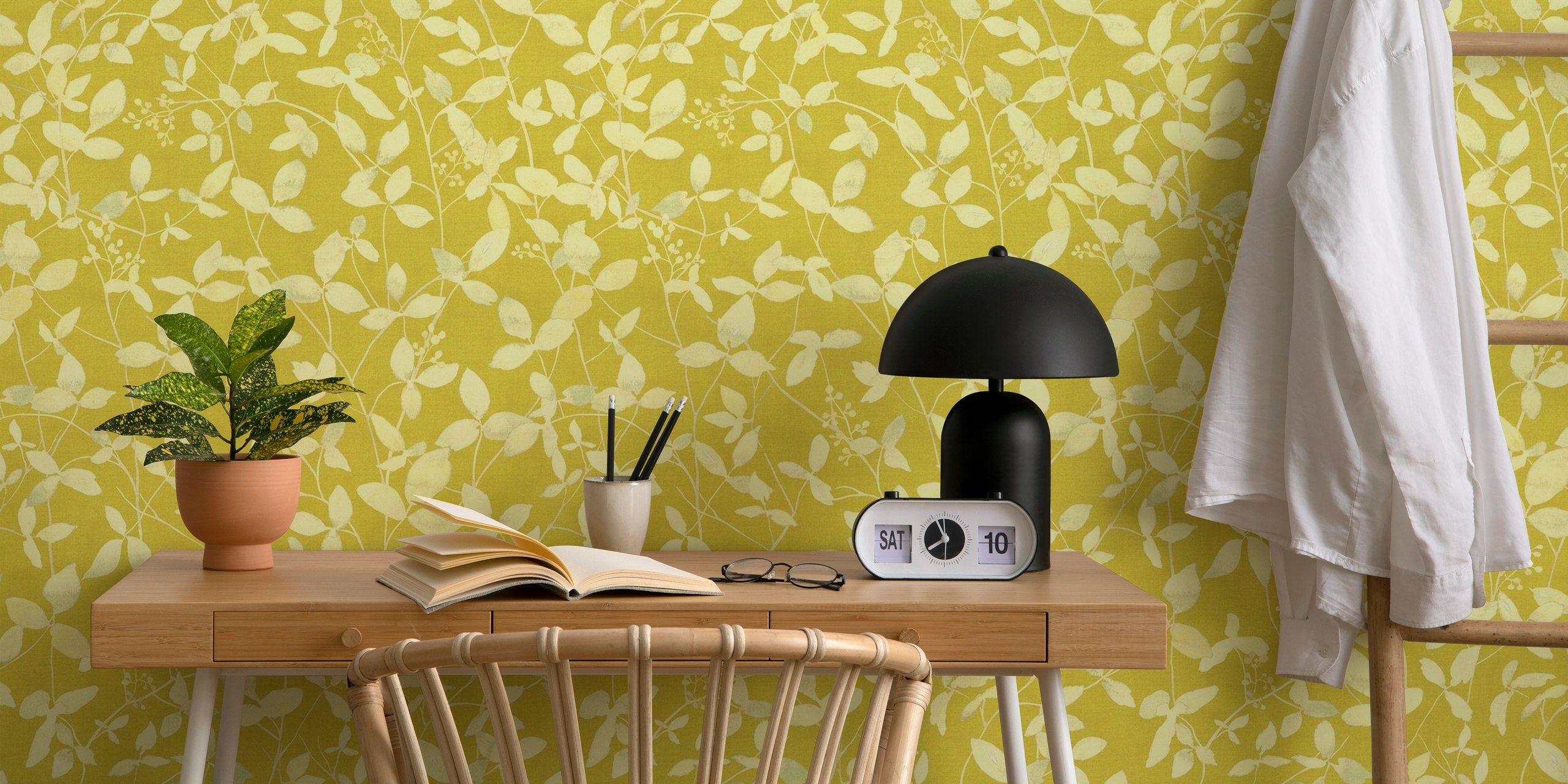 Chartreuse green watercolor ivy leaves wall mural