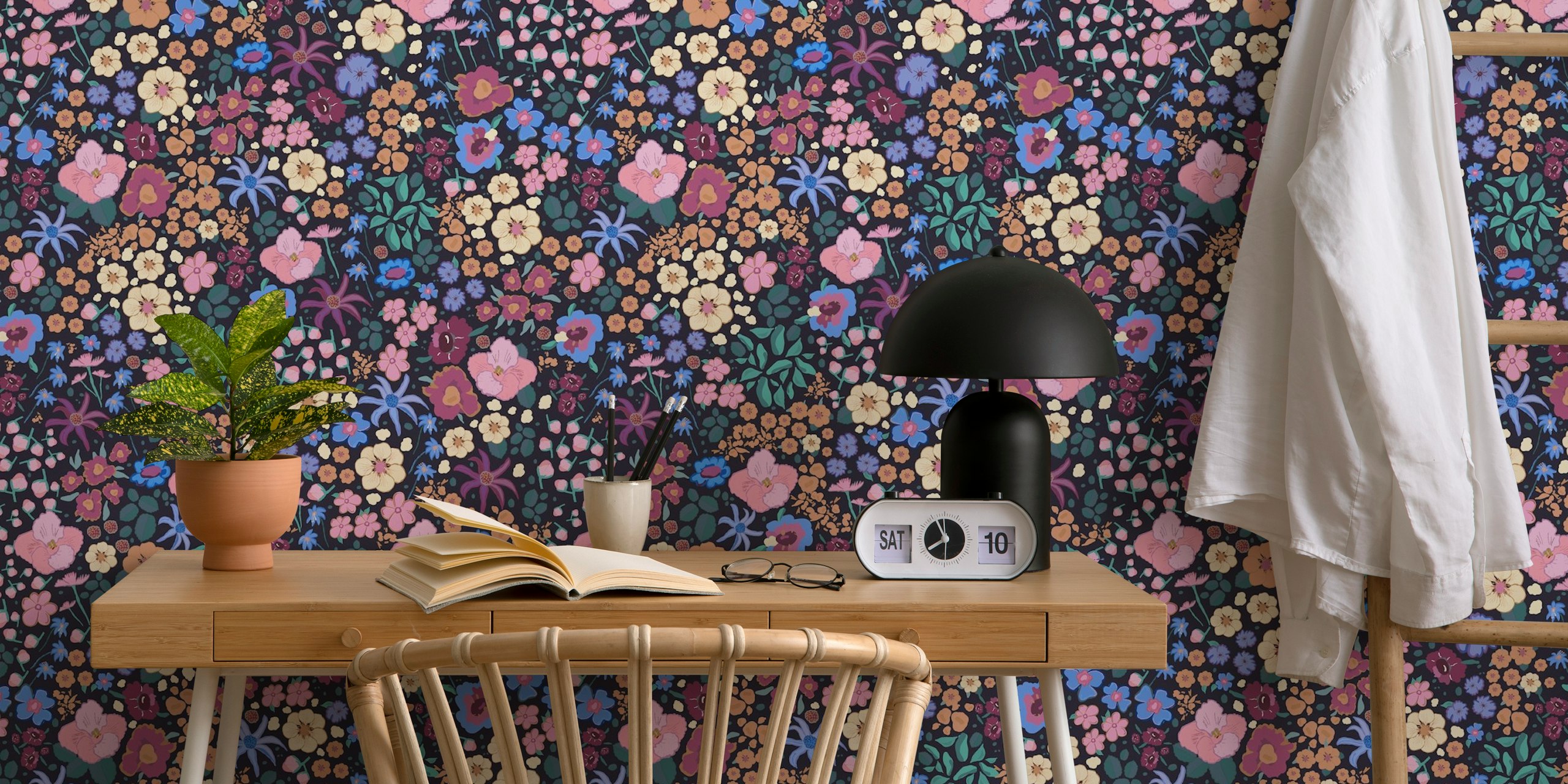 Ditsy colorful pink, purple, blue flowers pattern design