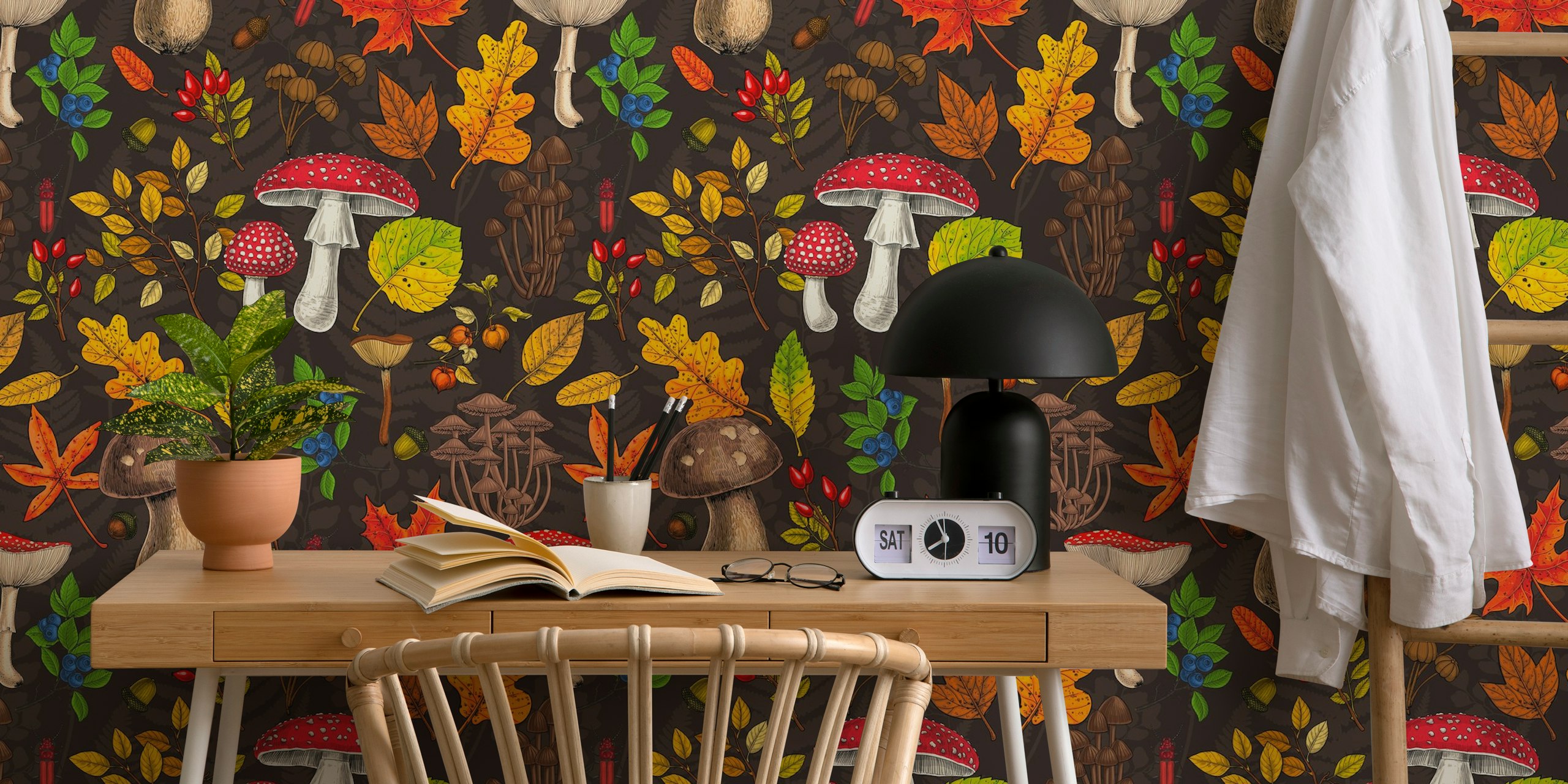 Autumn-themed wall mural with mushrooms, fallen leaves, nuts, and berries on a dark brown background