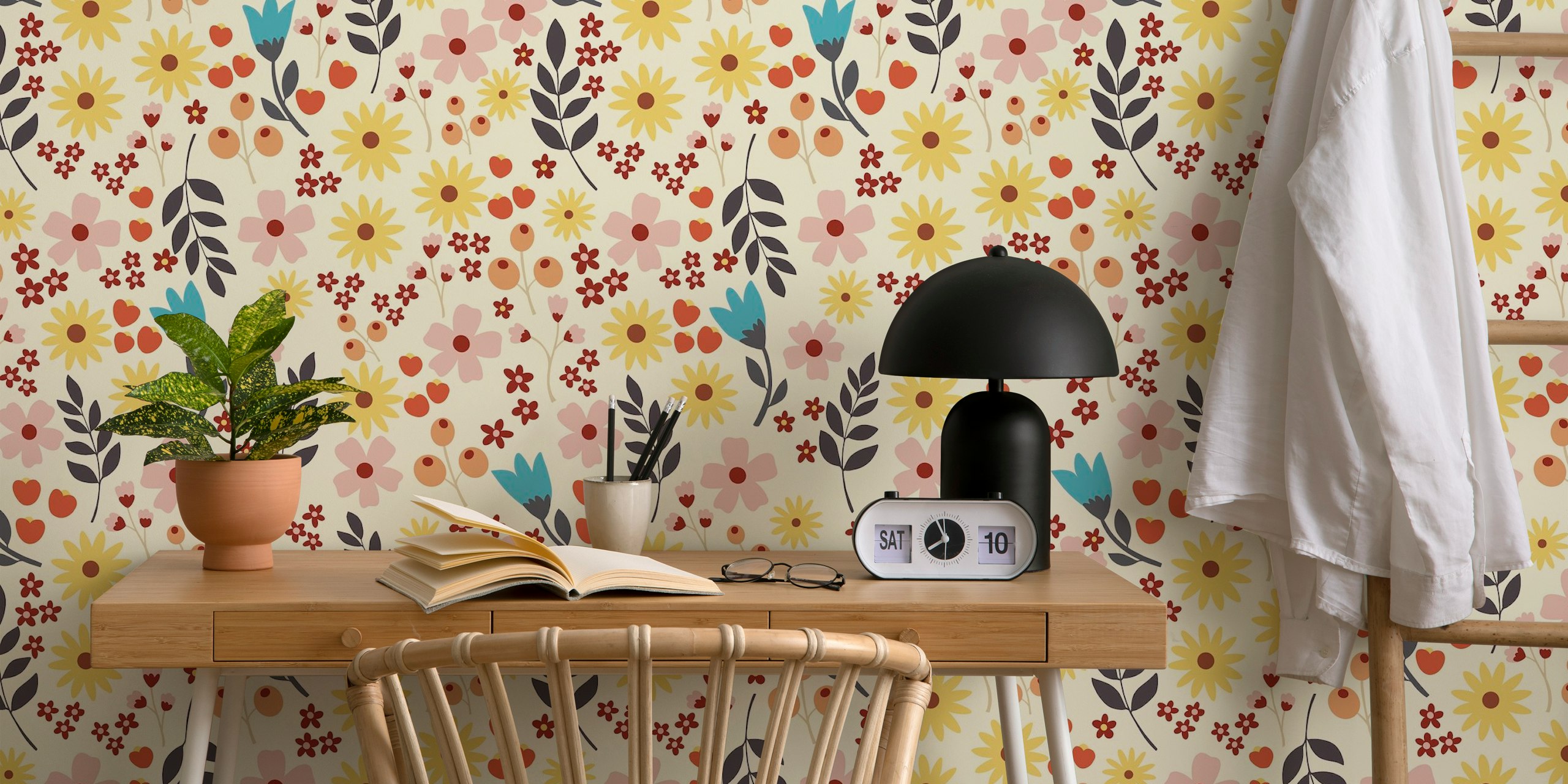 Colorful floral pattern with retro vibes in pastel hues wallpaper