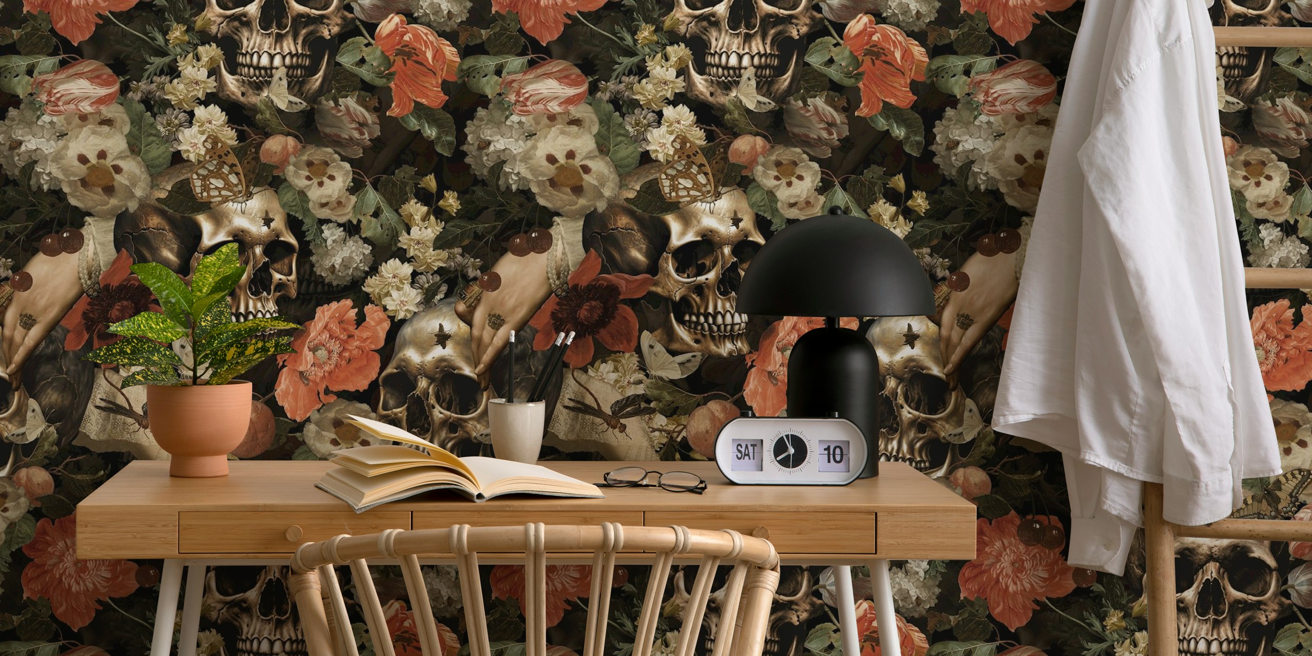 Dark gothic skulls and baroque botanical patterns on a midnight garden wall mural