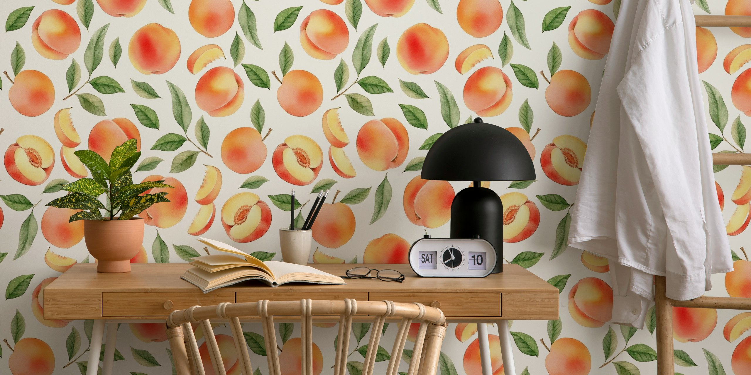 Peach and green leaf pattern on cream background wallpaper