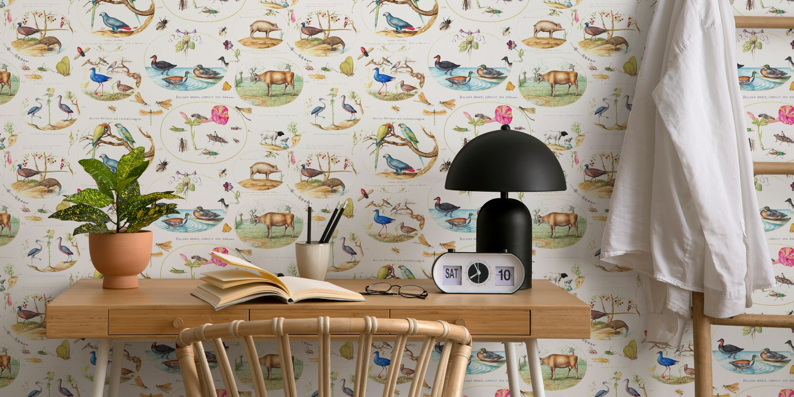 Botanical antique illustration wallpaper in a room