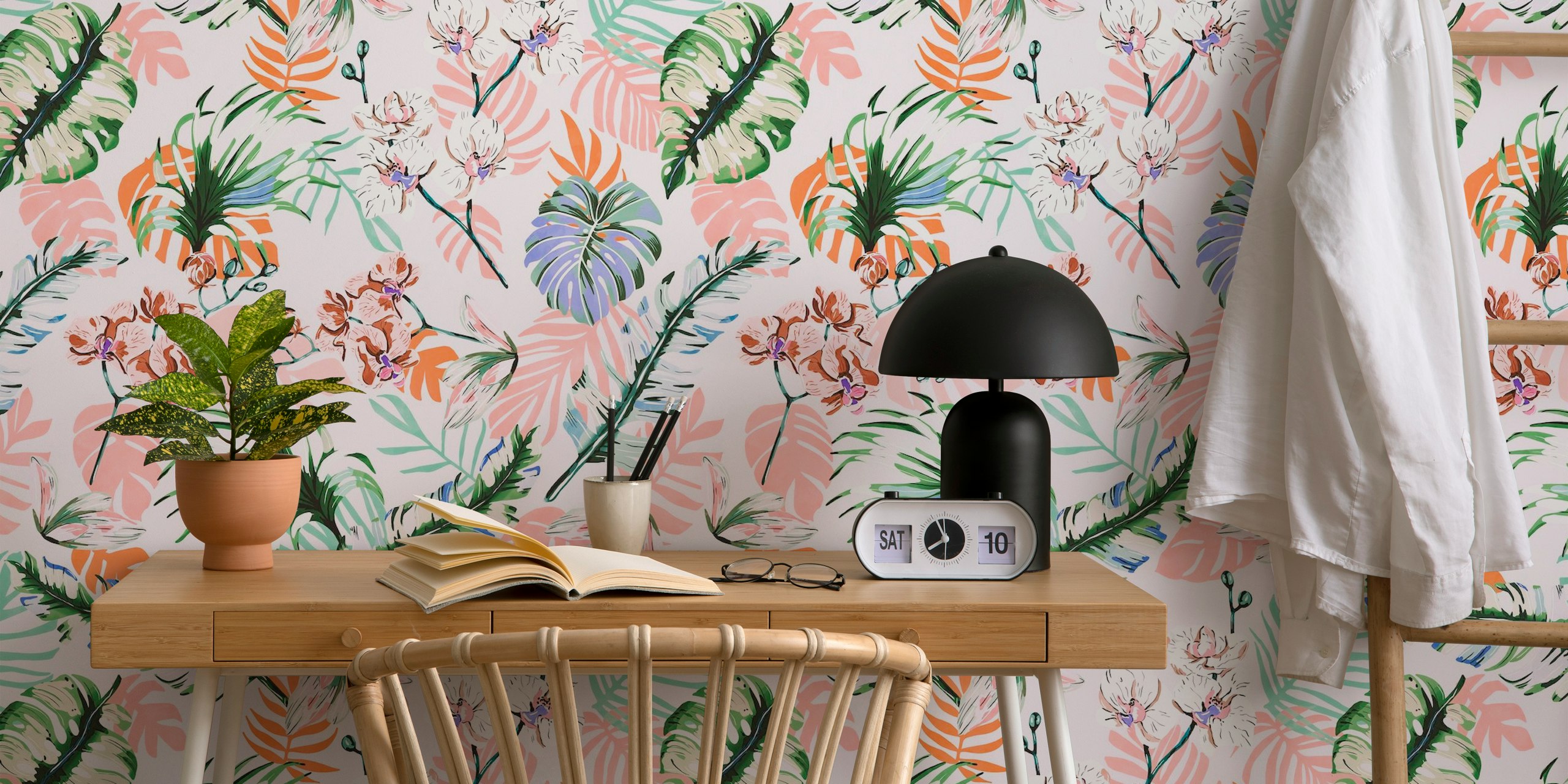 Pastel-colored jungle-themed wall mural with a variety of tropical leaves and flowers