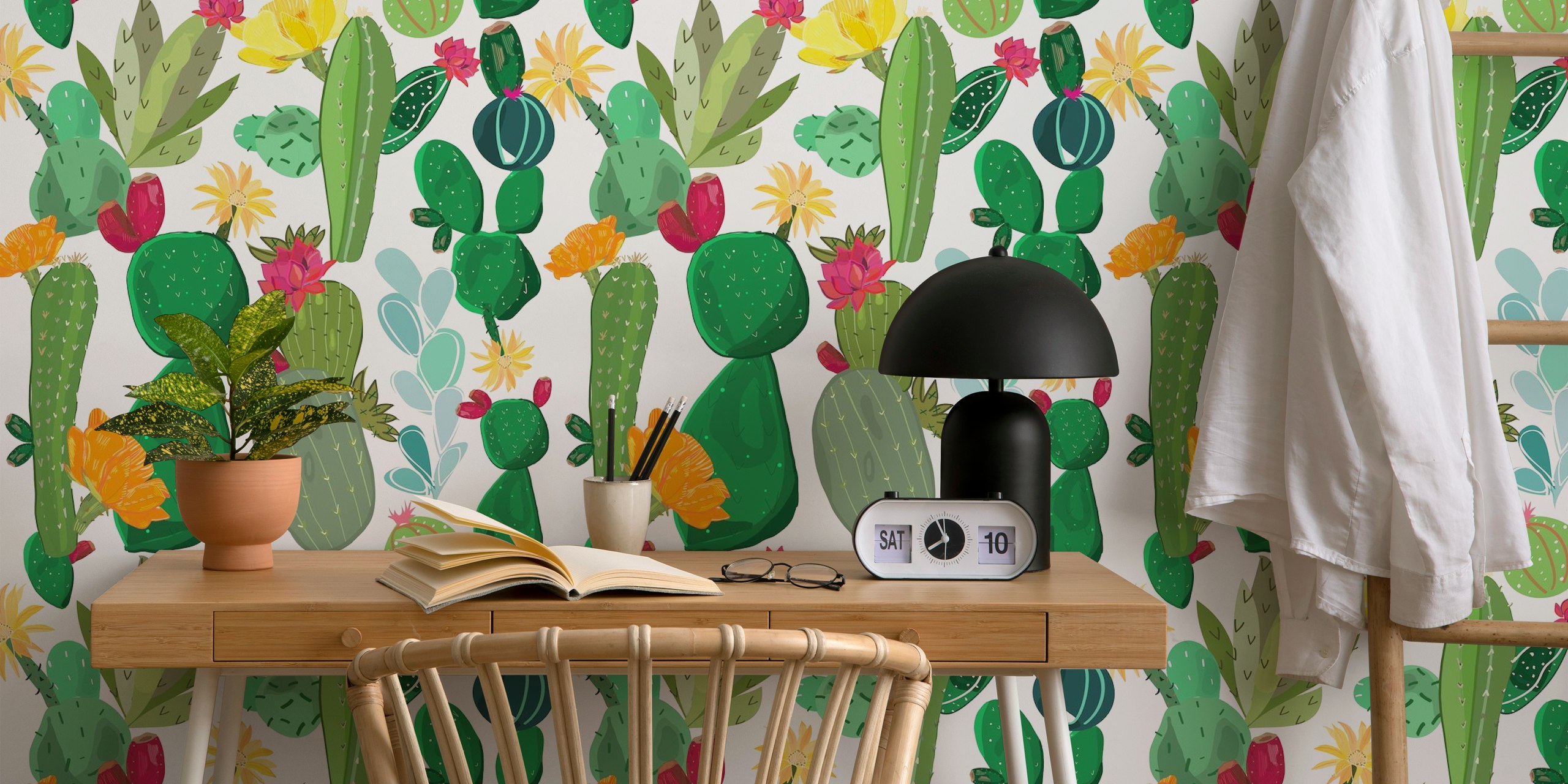 Colorful cactus and succulent wallpaper with flowers on white background