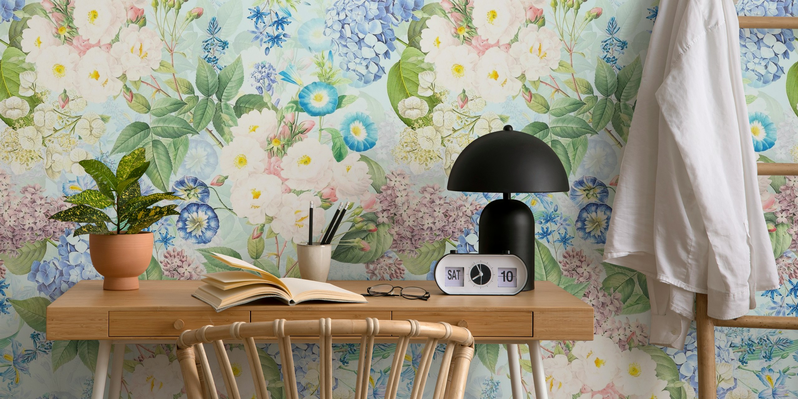 Blue vintage rose garden wall mural with blooming flowers and lush greenery