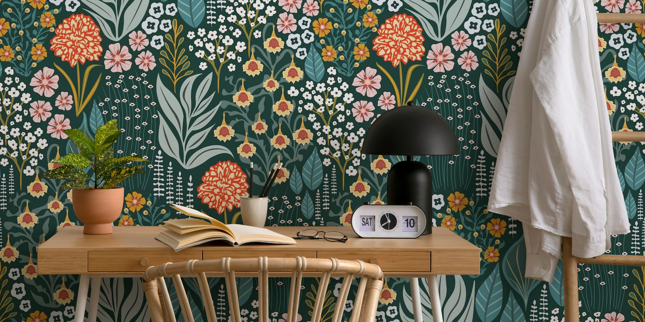 Colorful flowers and leaves on a dark green wallpaper