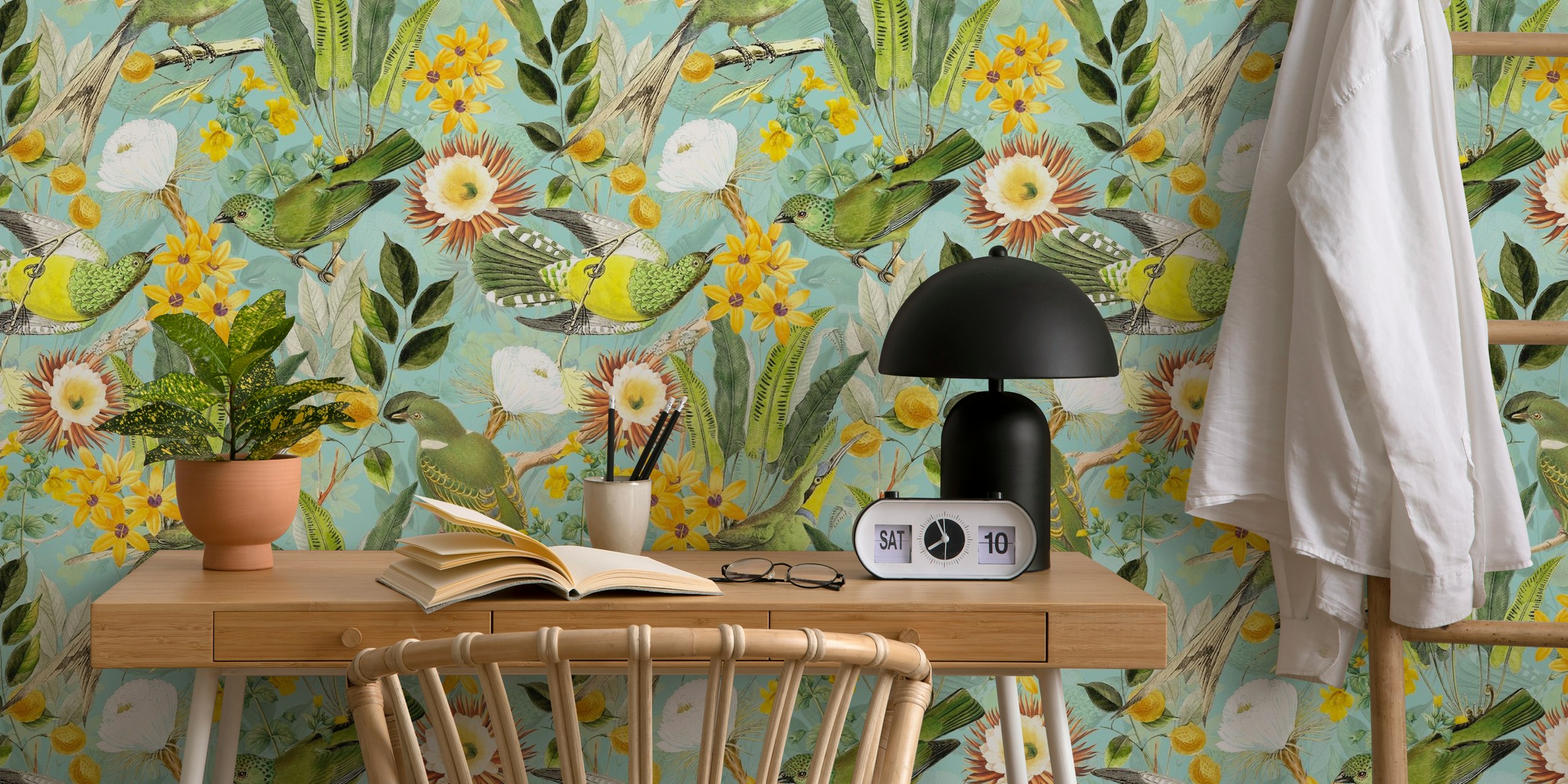 Tropical birds and flowers in green, yellow, and blue wallpaper