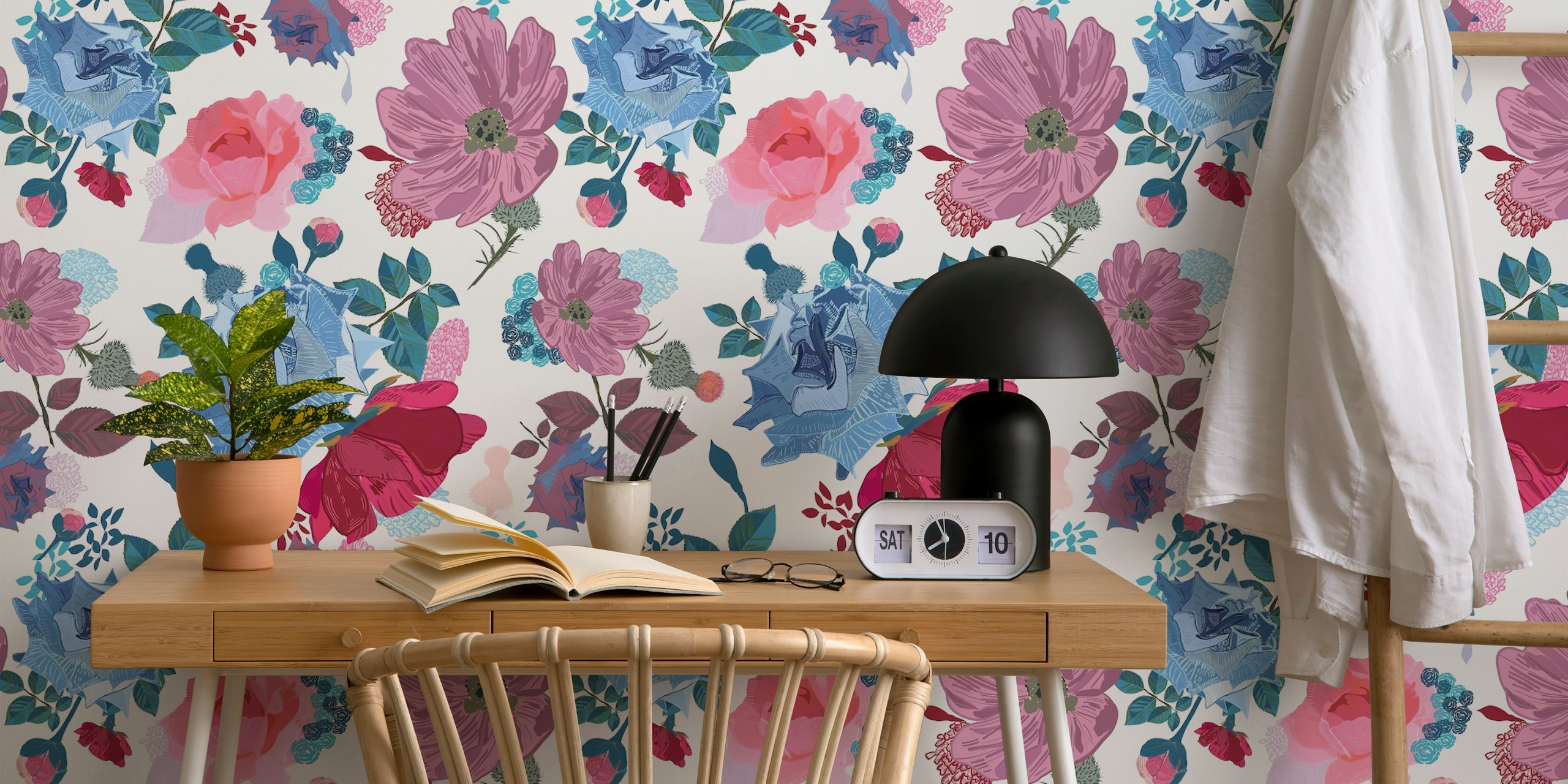 Floral pattern with blue and pink roses on white background wallpaper