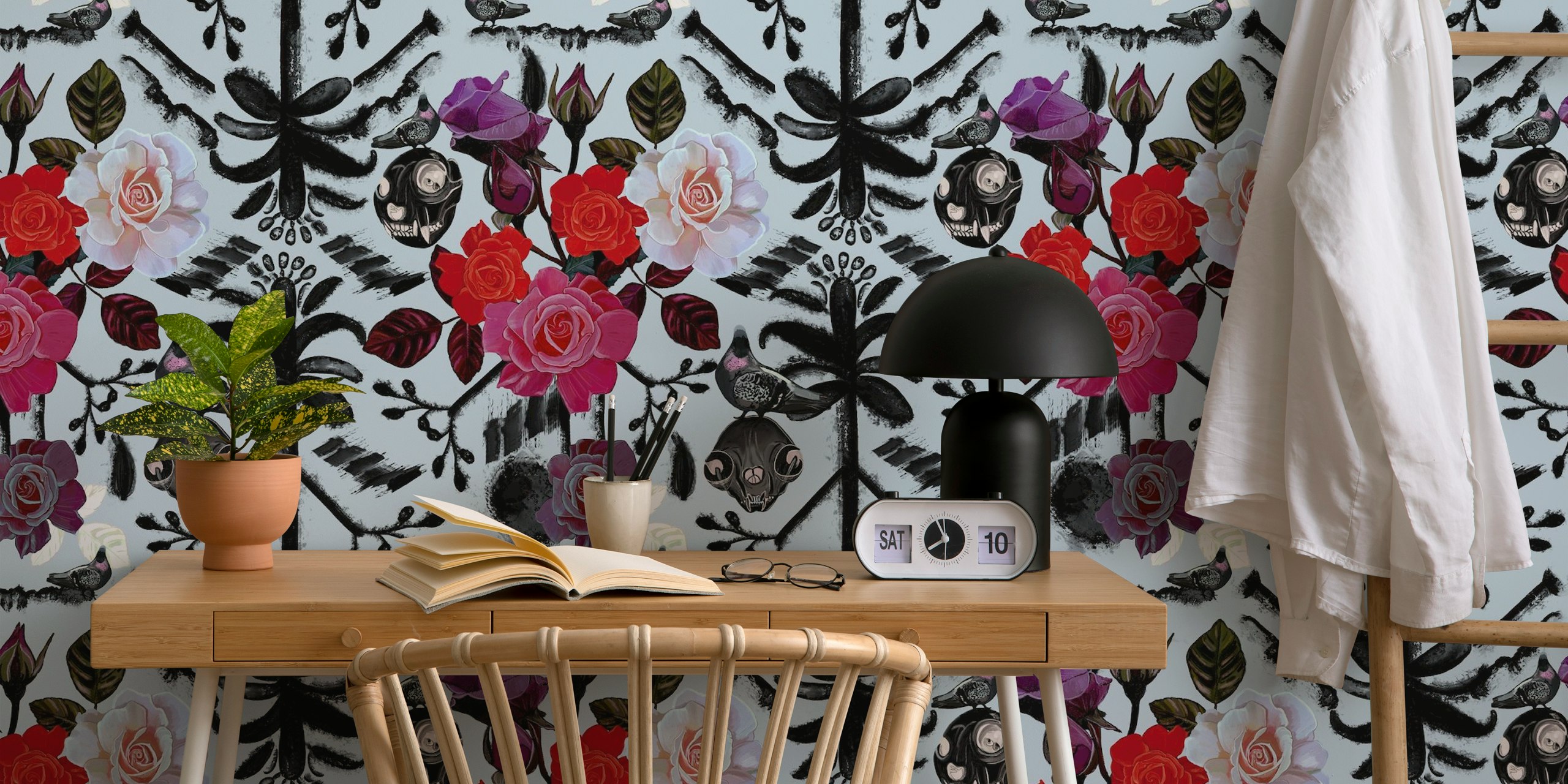 Gothic floral pattern wall mural with roses and dark motifs