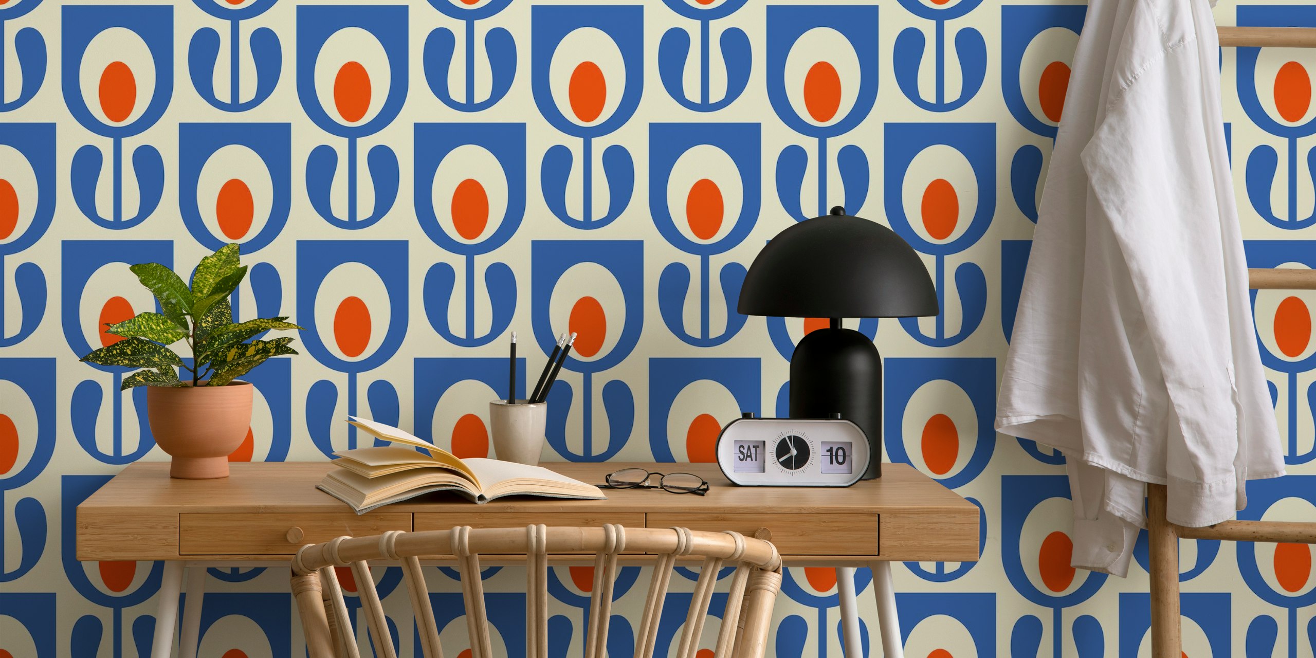 Stylized tulip pattern in blue and orange on a cream background wallpaper