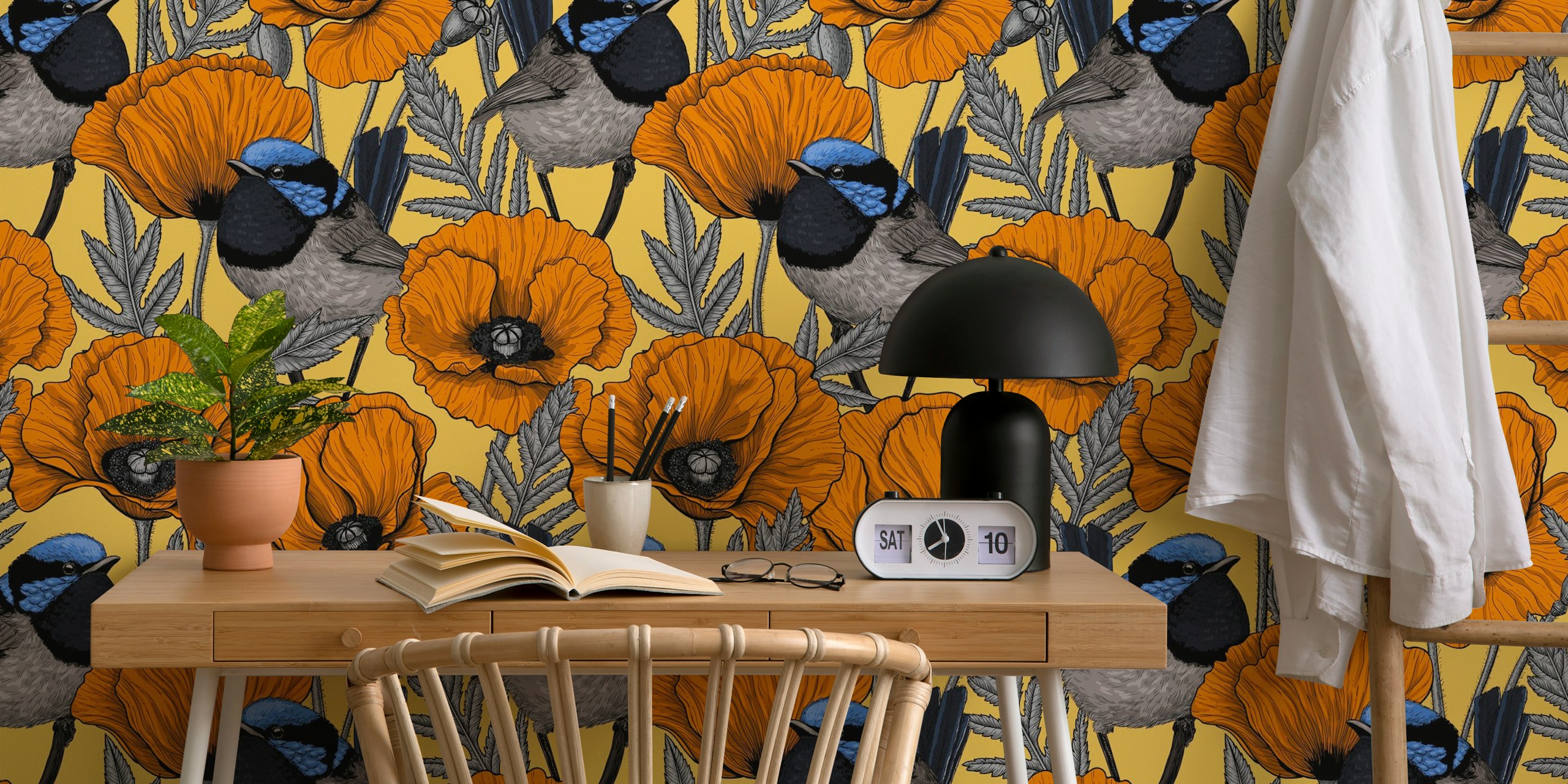 Orange poppies and fairy wrens on pastel yellow wallpaper