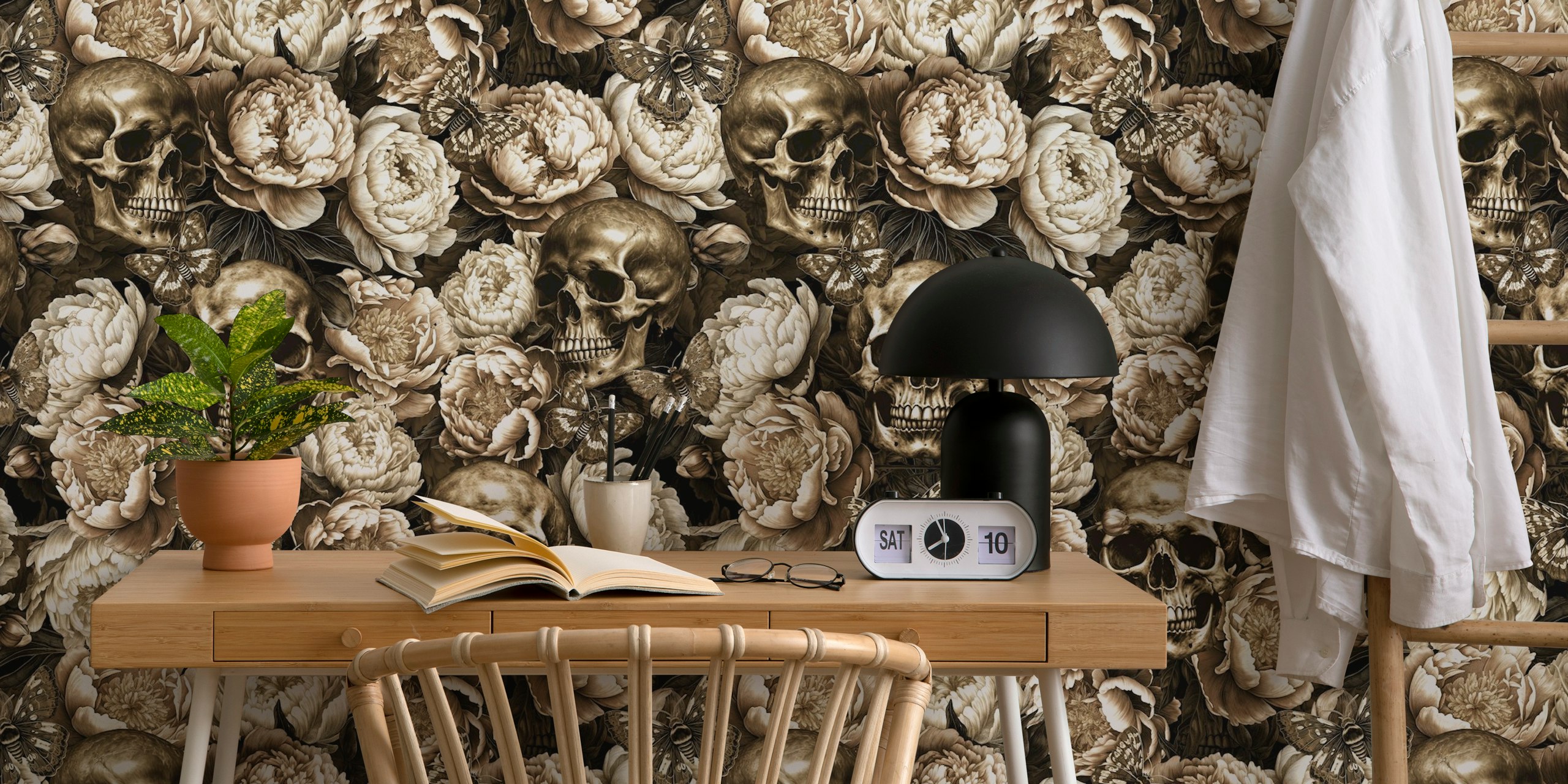 Dark-themed wall mural with baroque floral patterns and gothic skulls from happywall.com