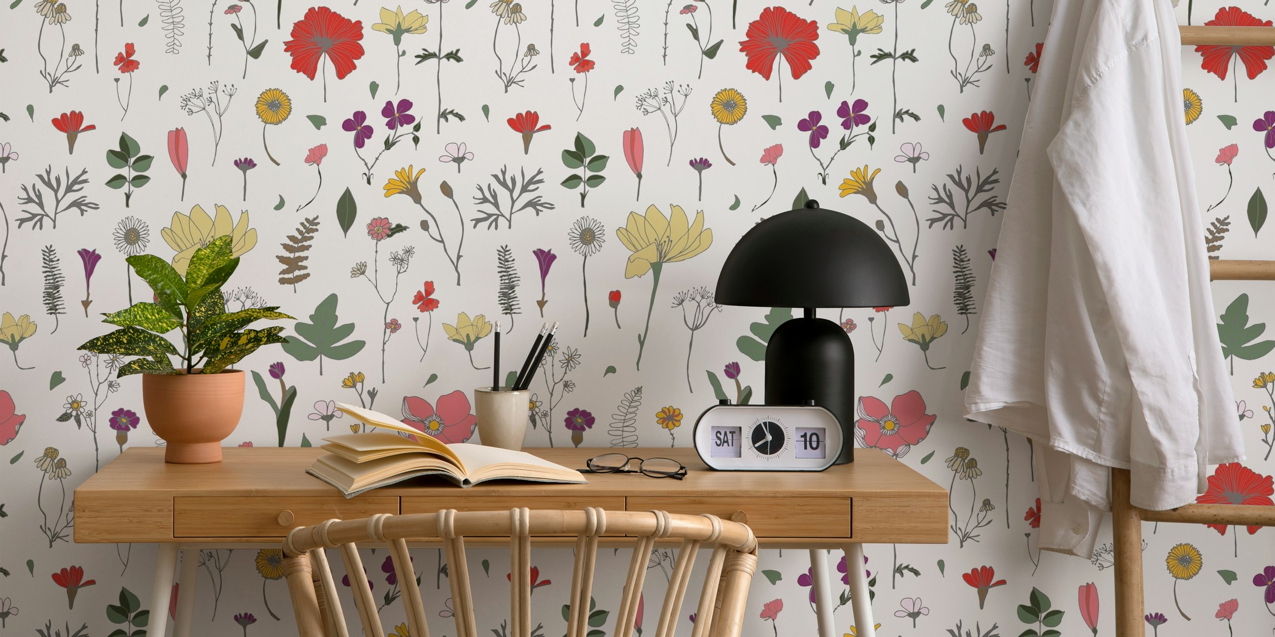 Blomstertapet med diverse pressede blomster på hvit bakgrunn